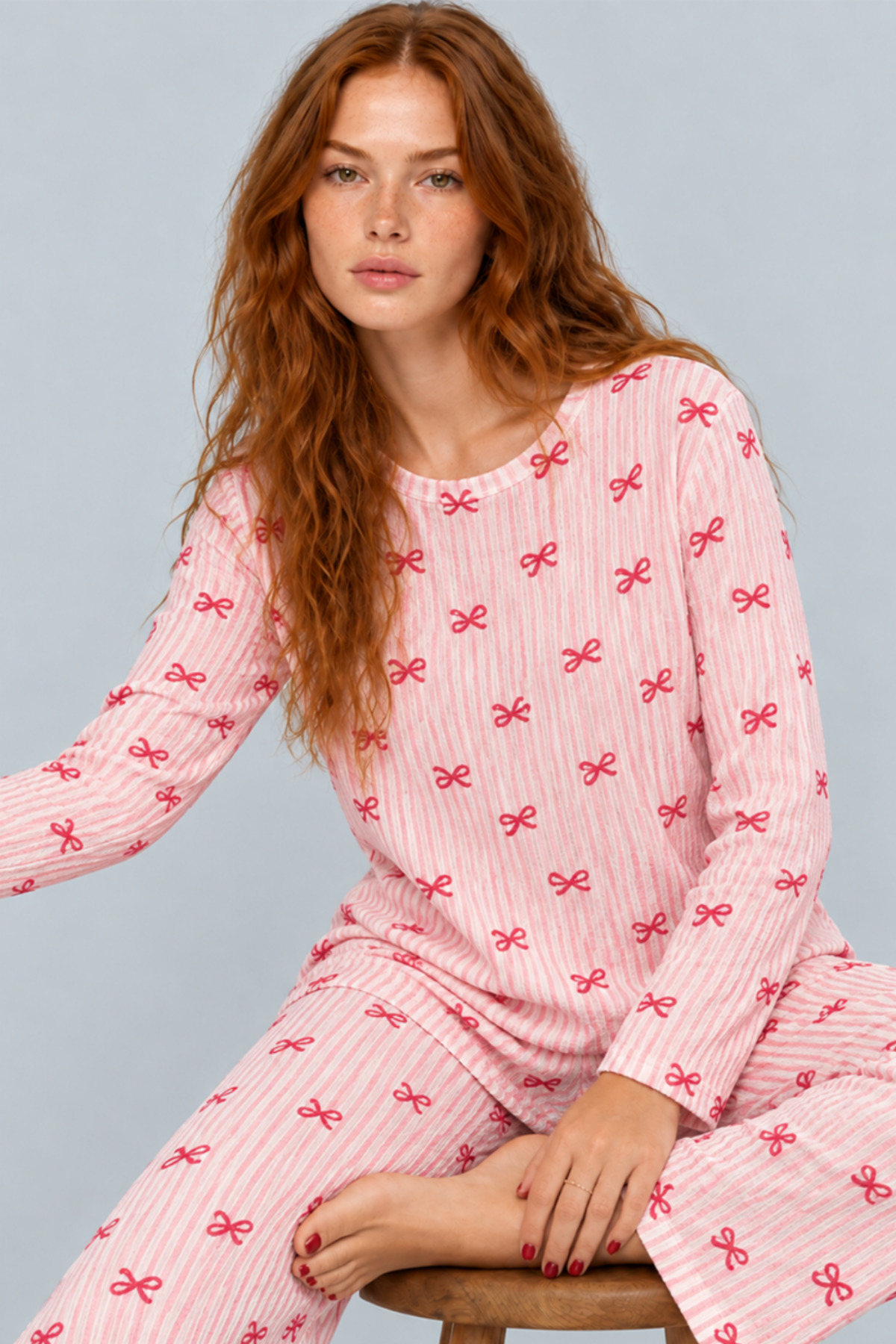 Kadın Çizgili Rahat Kalıp İkili Açık Pembe Pijama Takımı 4805 6