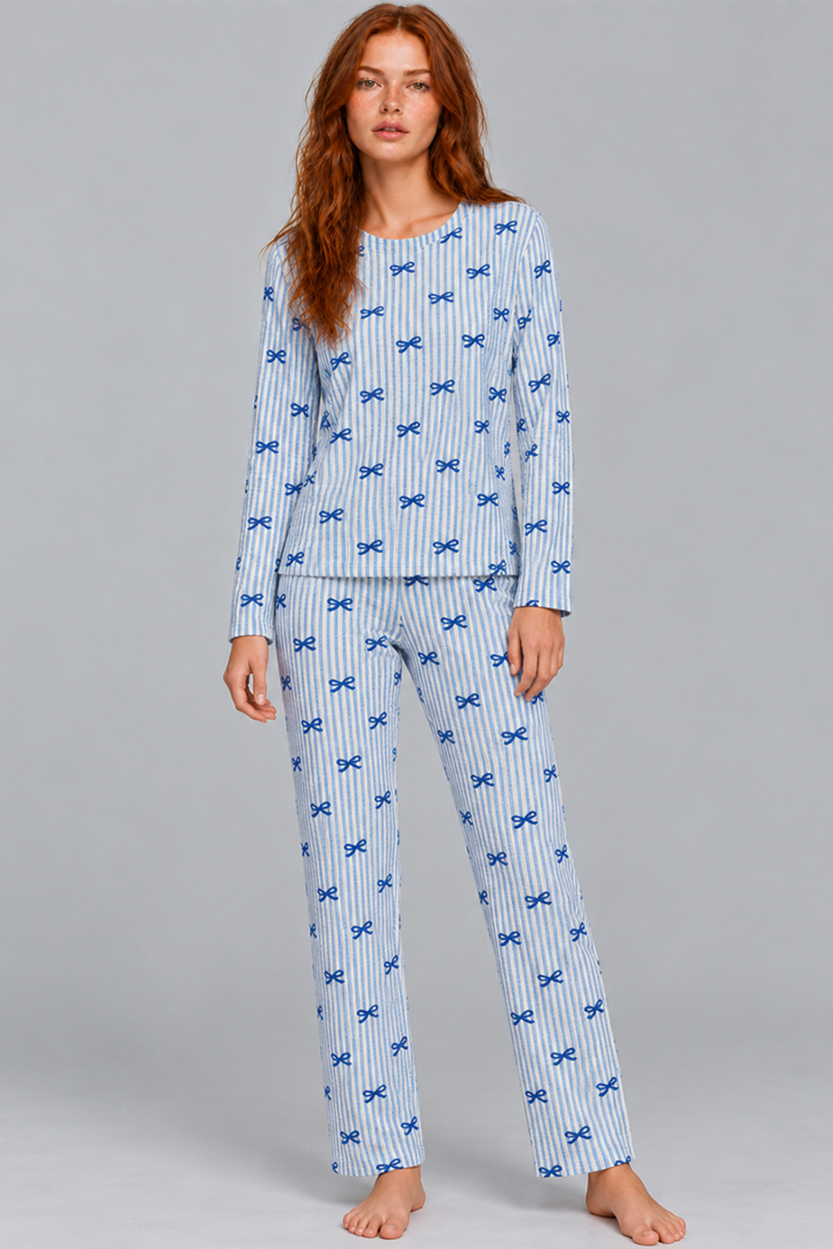 Kadın Desenli İkili Mavi Rahat Pijama Takımı 4815 3