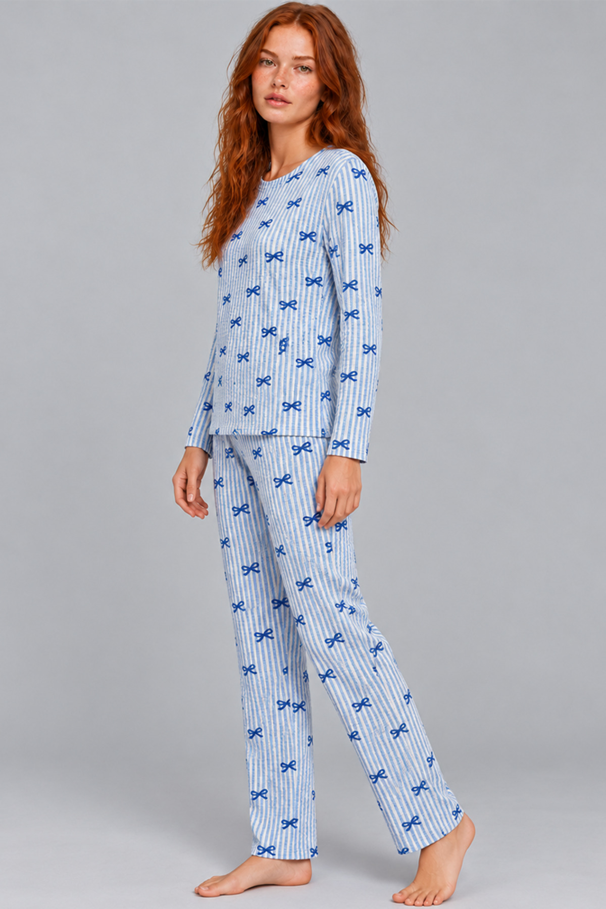 Kadın Desenli İkili Mavi Rahat Pijama Takımı 4815 4