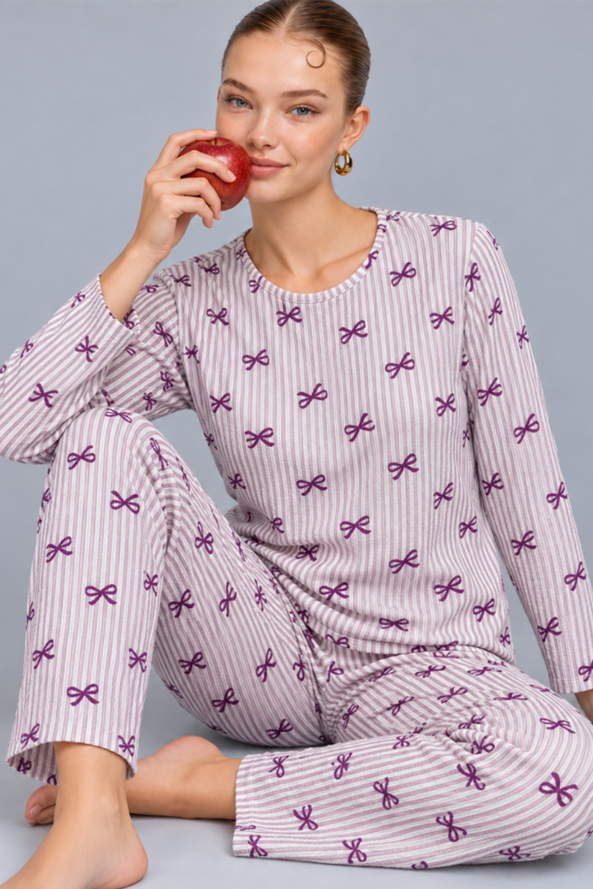 Kadın Çizgili Rahat Desenli İkili Mor Pijama Takımı 4809 3