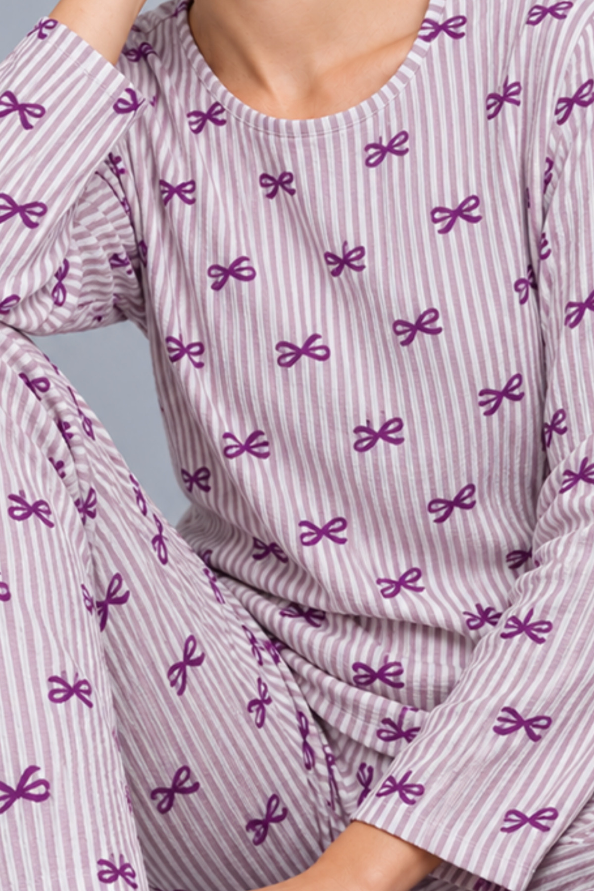 Kadın Çizgili Rahat Desenli İkili Mor Pijama Takımı 4809 5