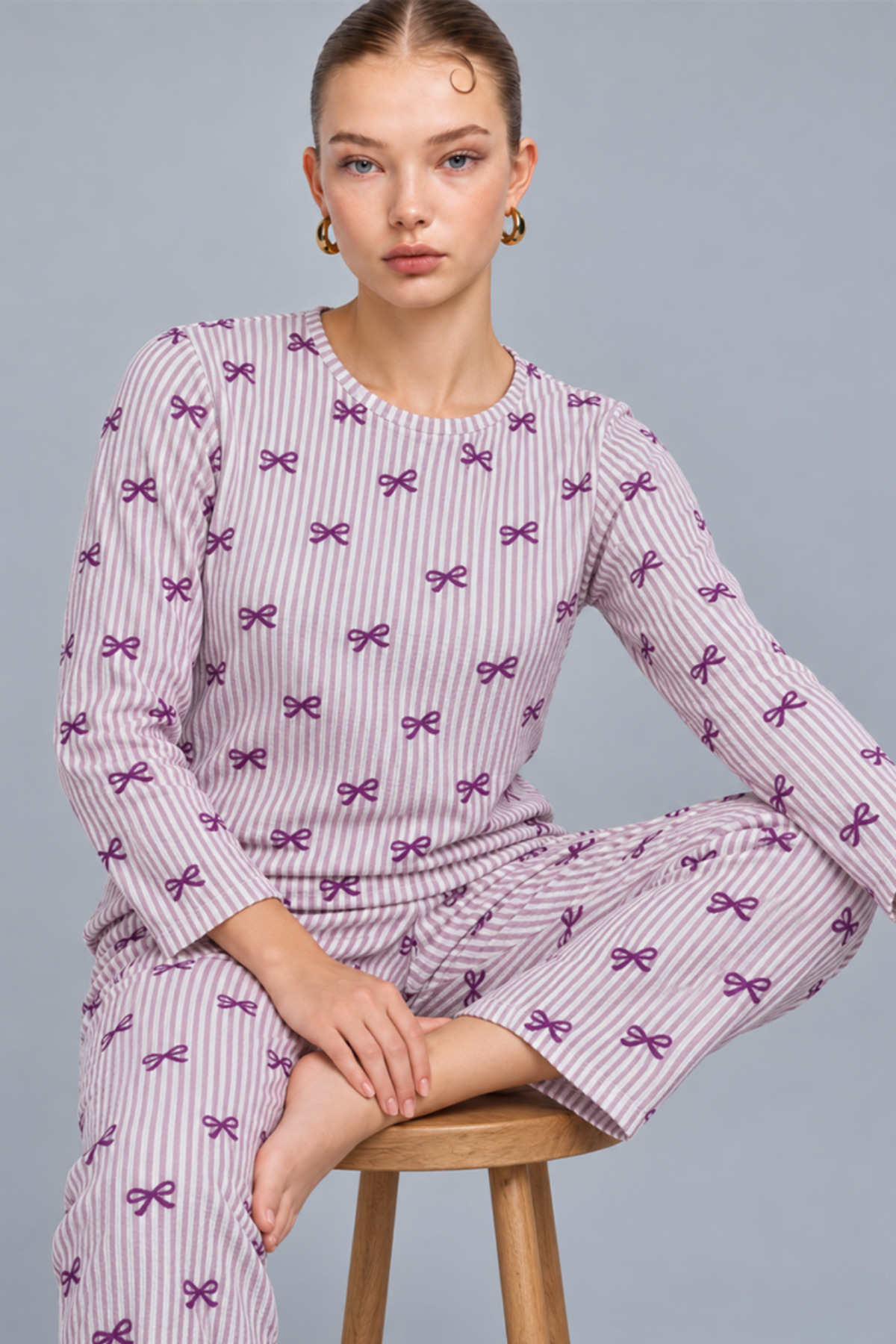 Kadın Çizgili Rahat Desenli İkili Mor Pijama Takımı 4809 6