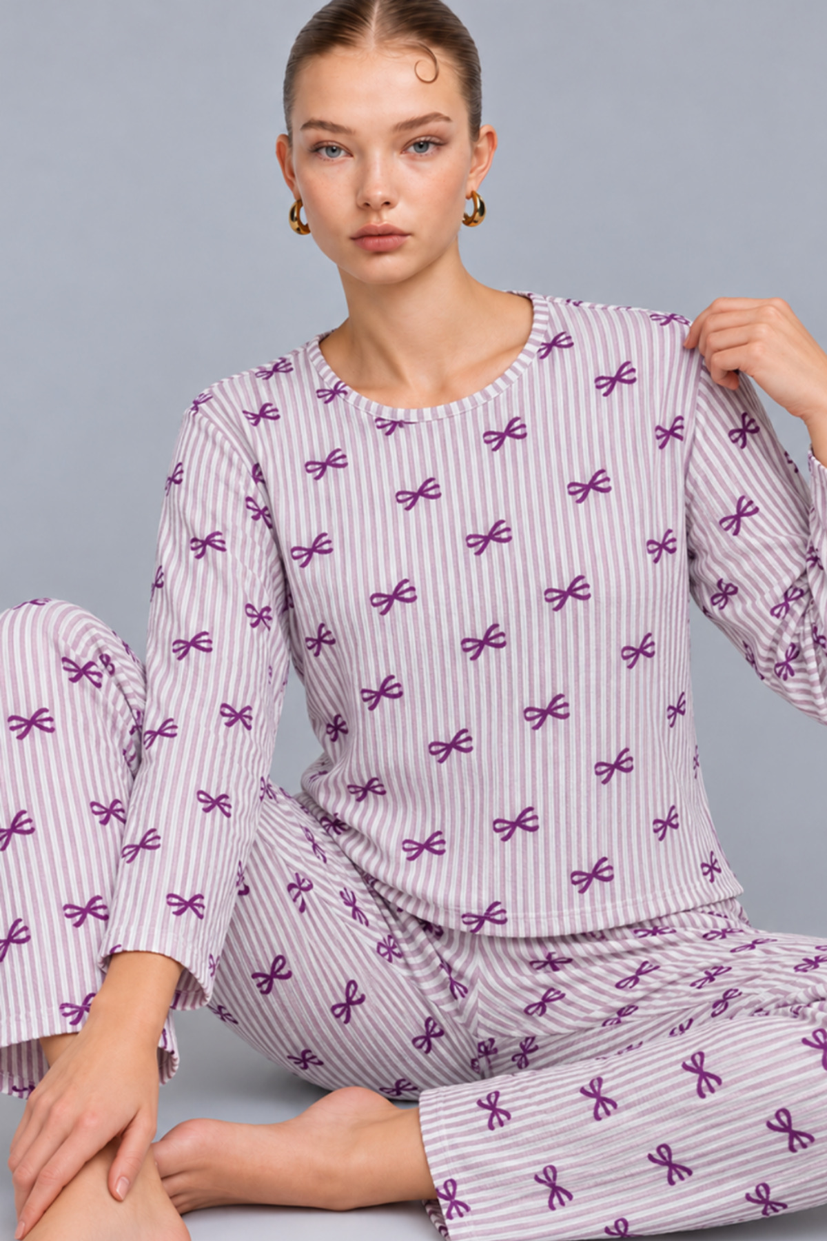 Kadın Çizgili Rahat Desenli İkili Mor Pijama Takımı 4809 4
