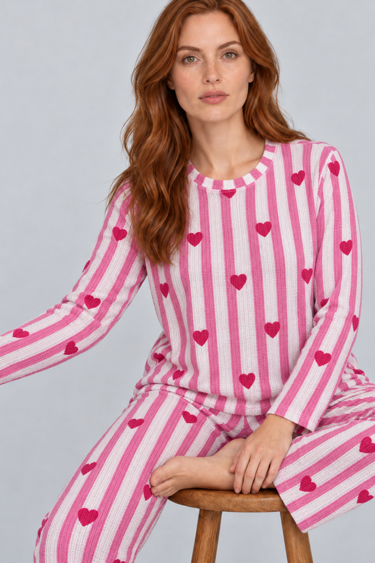 Kadın Kalpli Rahat Kalıp İkili Pembe Pijama Takımı 4768 5