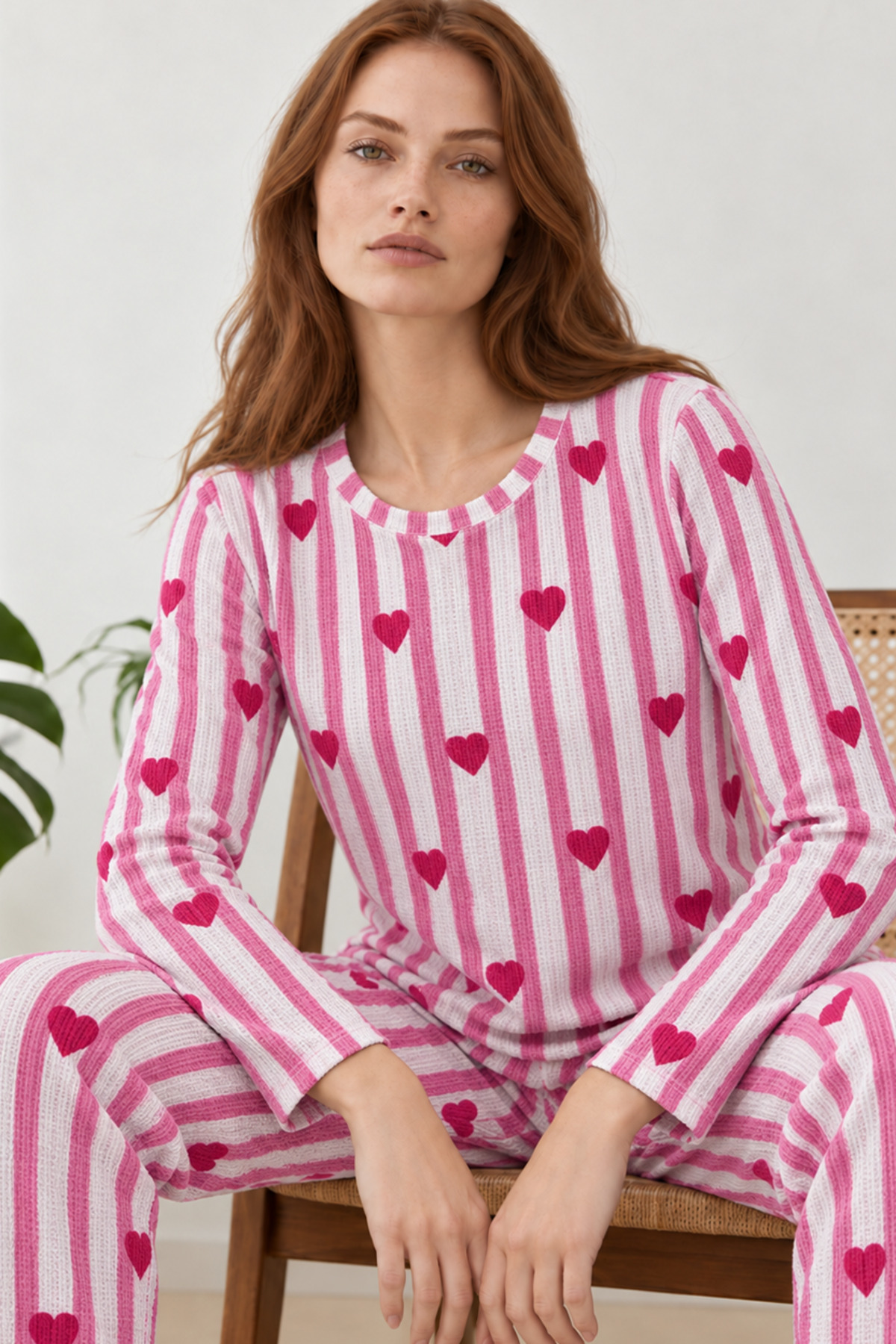 Kadın Kalpli Rahat Kalıp İkili Pembe Pijama Takımı 4768 4