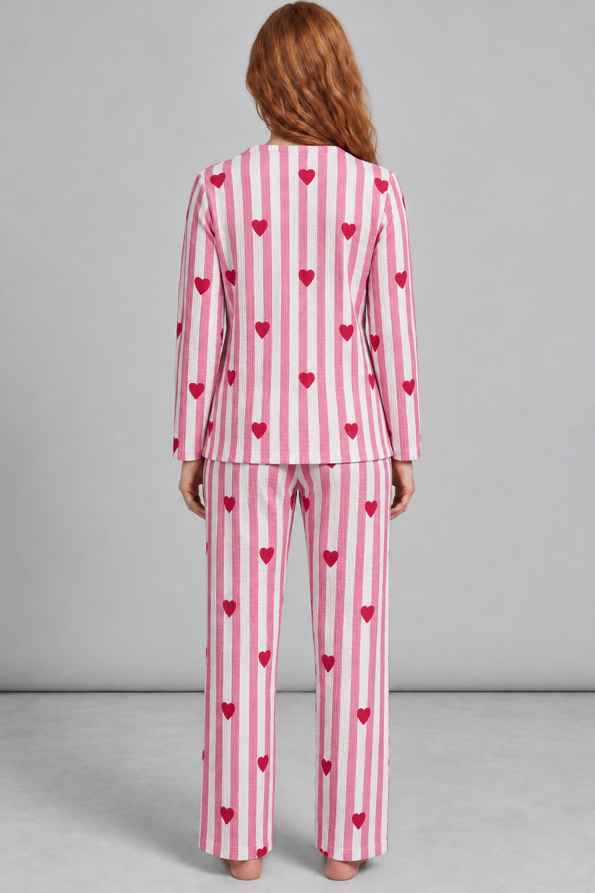 Kadın Kalpli Rahat Kalıp İkili Pembe Pijama Takımı 4768 3