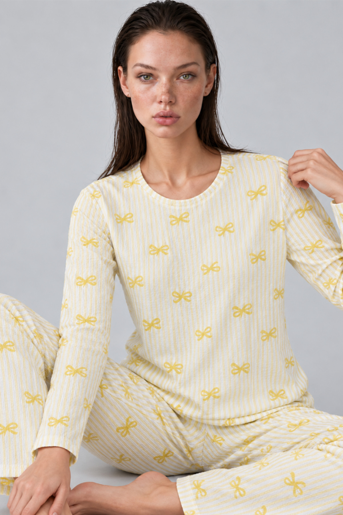 Kadın Çizgili Rahat Desenli İkili Sarı Pijama Takımı 4797 3