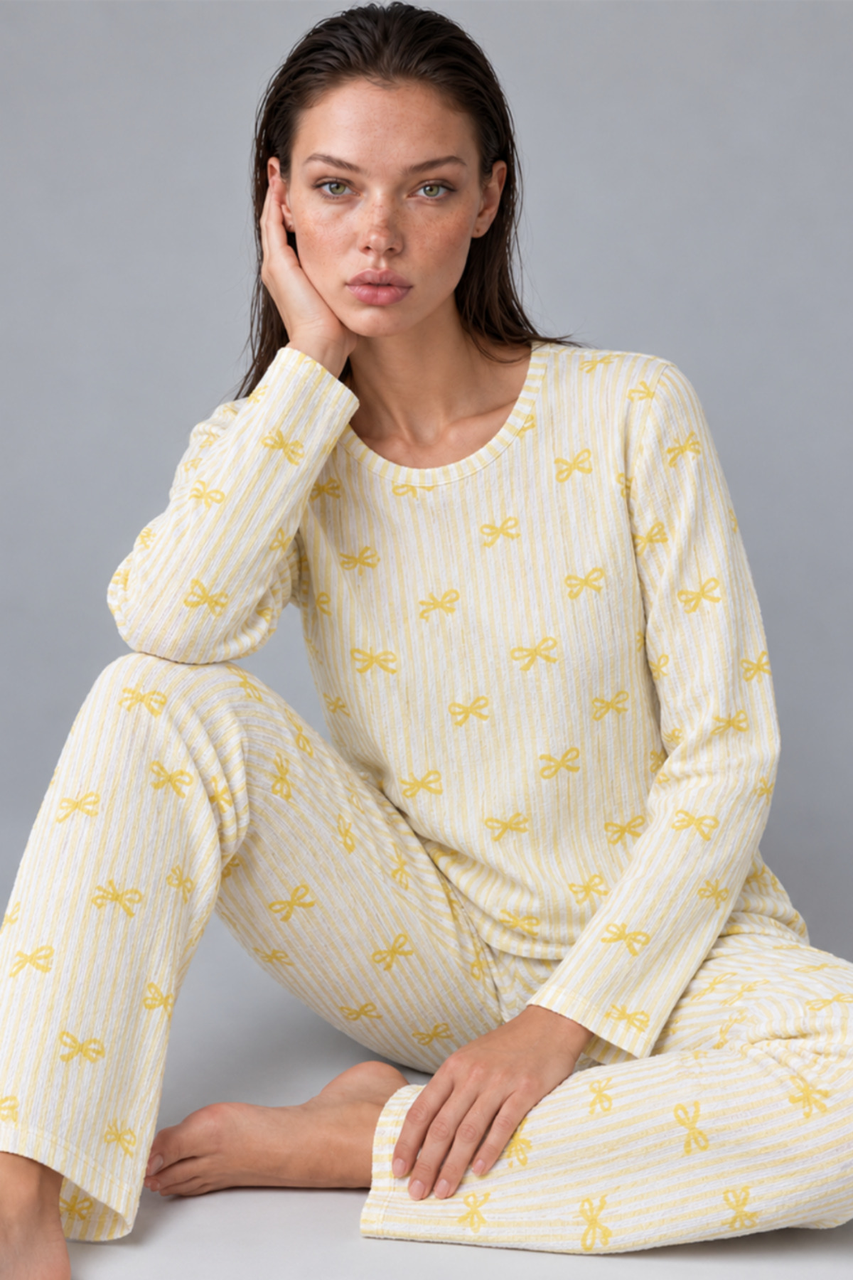 Kadın Çizgili Rahat Desenli İkili Sarı Pijama Takımı 4797 5