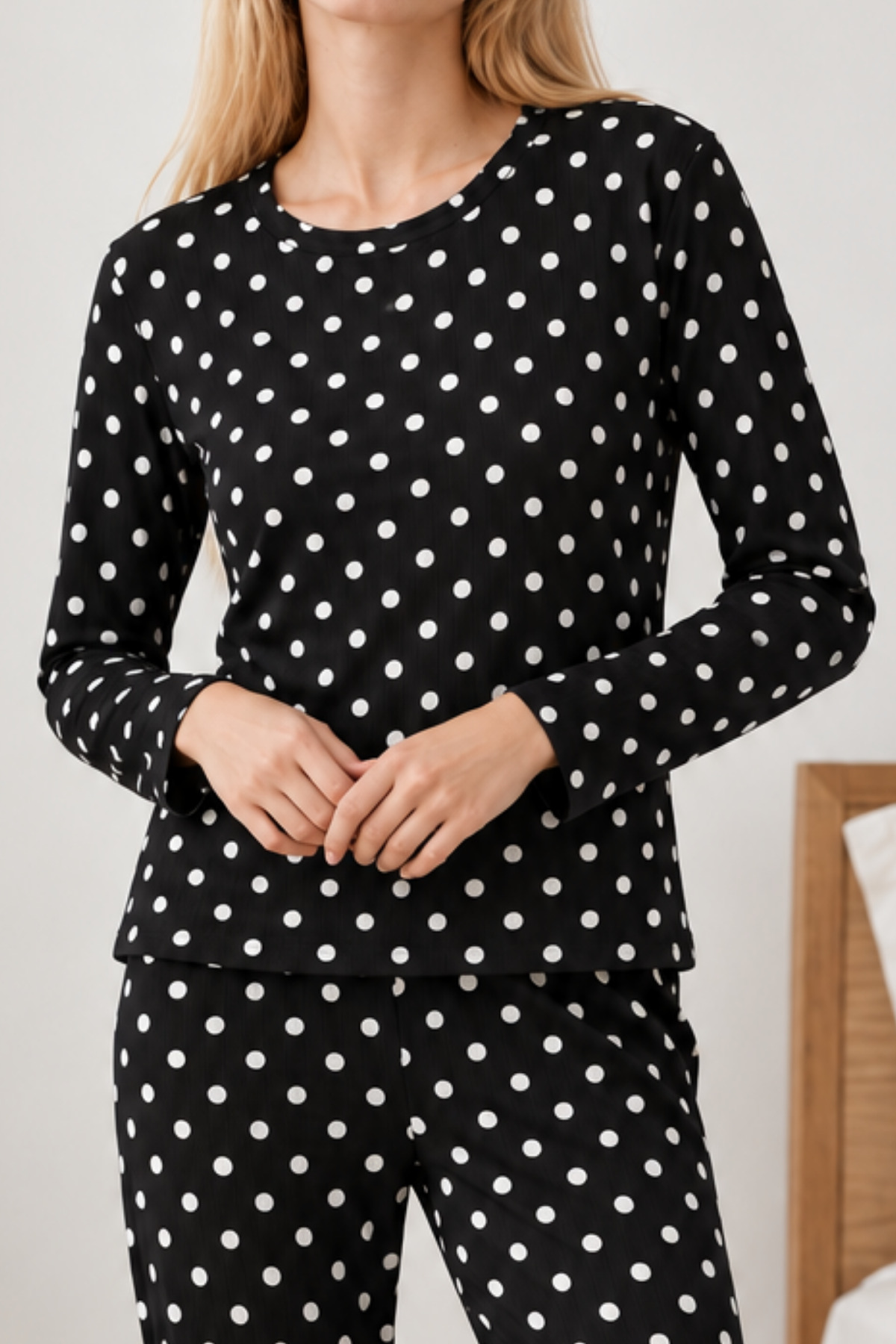 Kadın Desenli İkili Siyah Rahat Pijama Takımı 4814 5