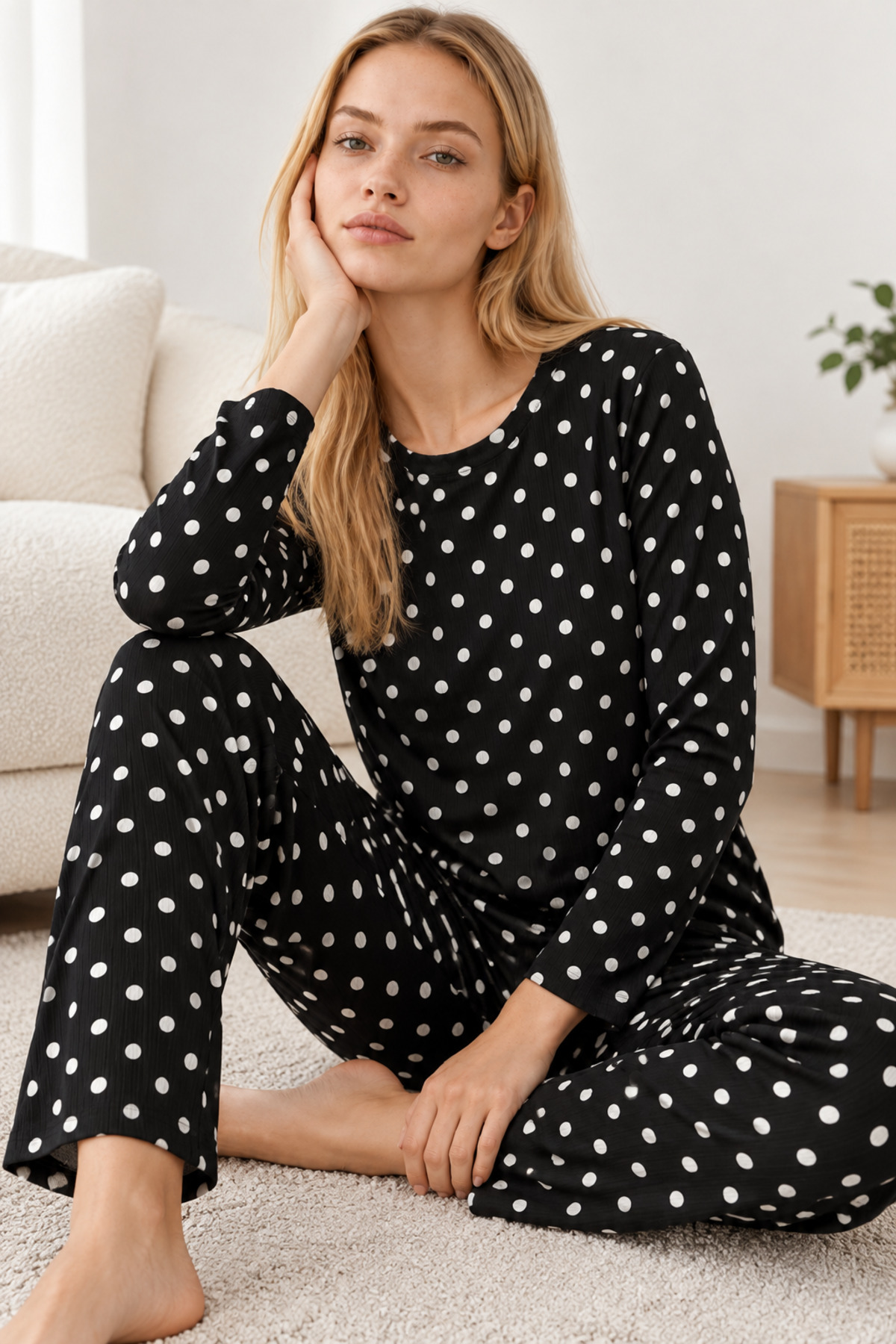 Kadın Desenli İkili Siyah Rahat Pijama Takımı 4814 3