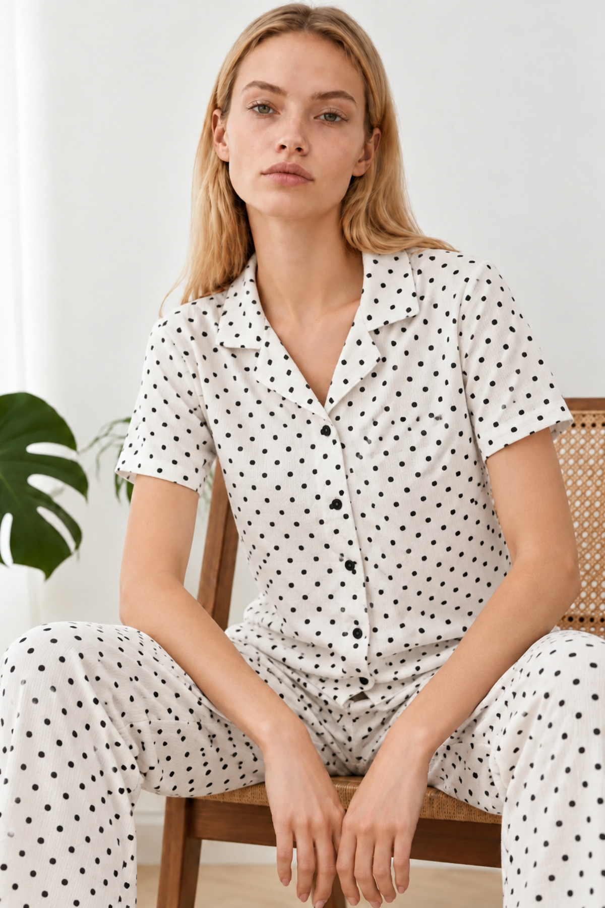 Kadın Relax Fit Puantiyeli Beyaz Pijama Takımı 4857 6