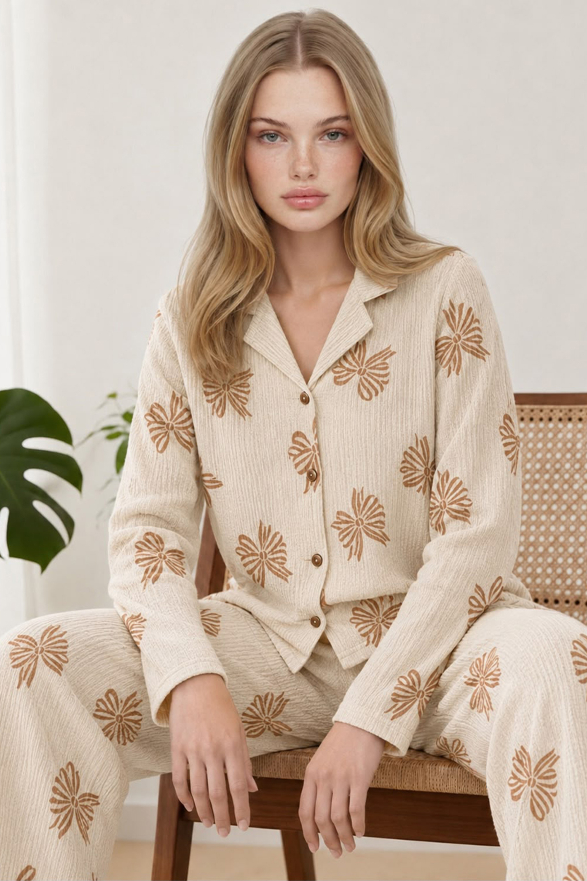 Kadın Uzun Kol Rahat Krem Pijama Takımı 4759 3
