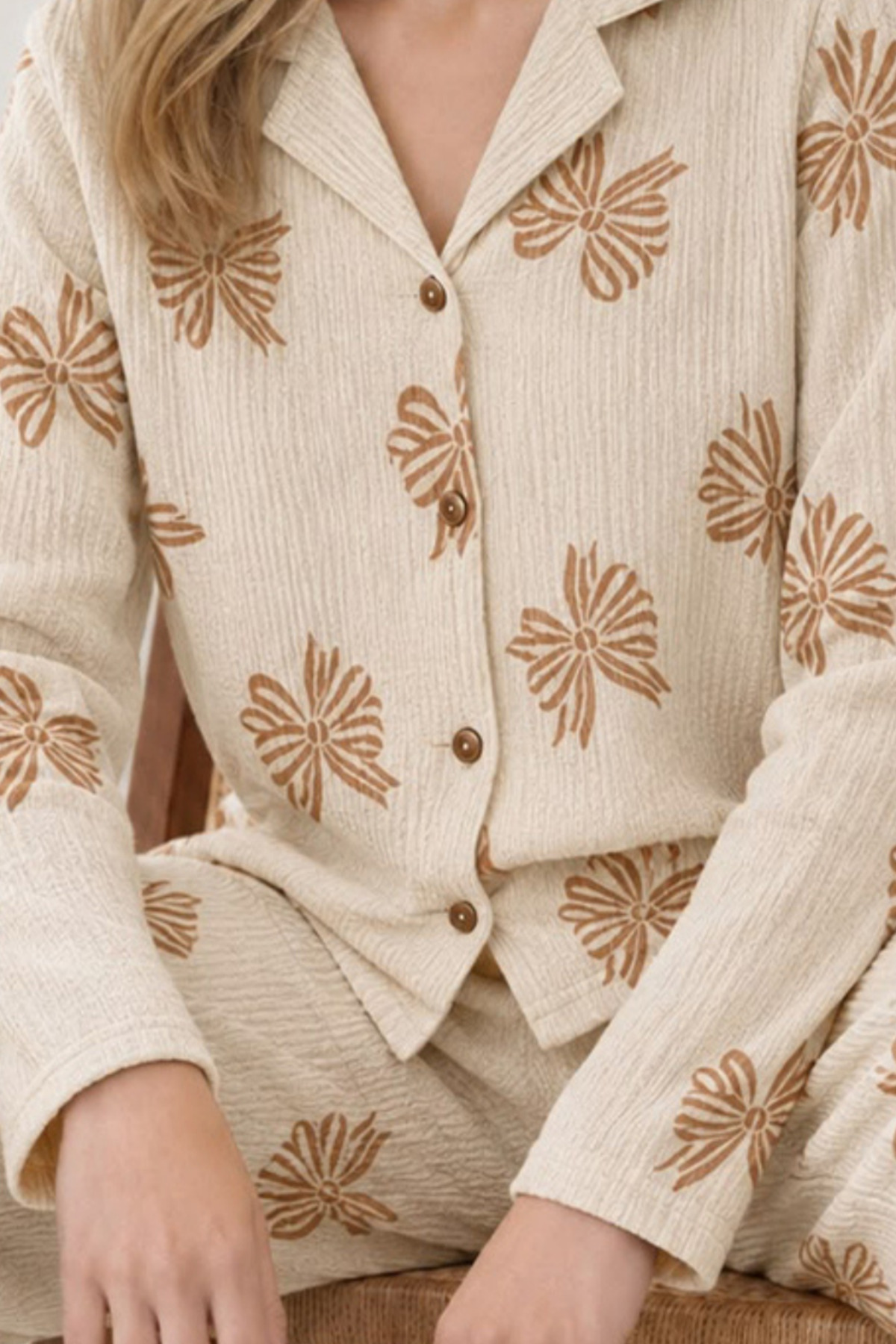 Kadın Uzun Kol Rahat Krem Pijama Takımı 4759 6
