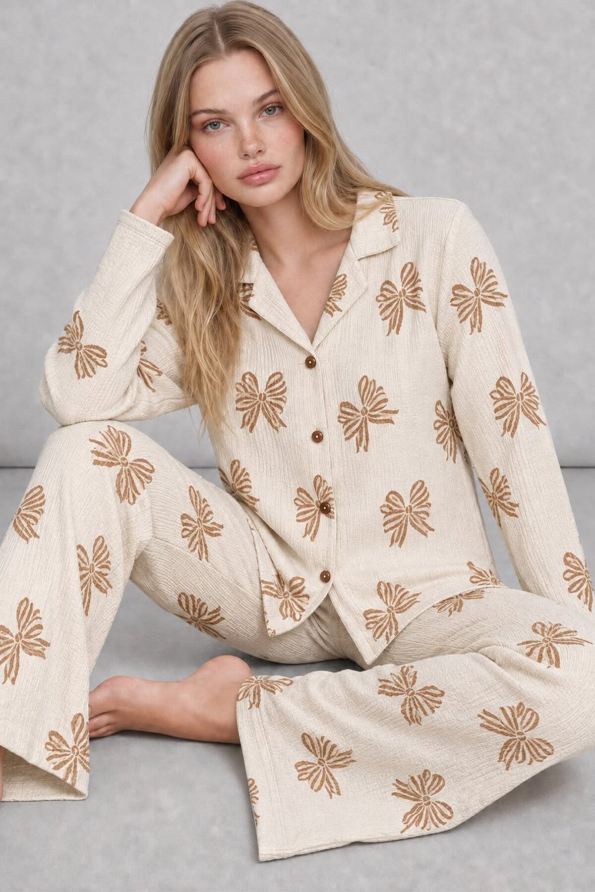 Kadın Uzun Kol Rahat Krem Pijama Takımı 4759 4