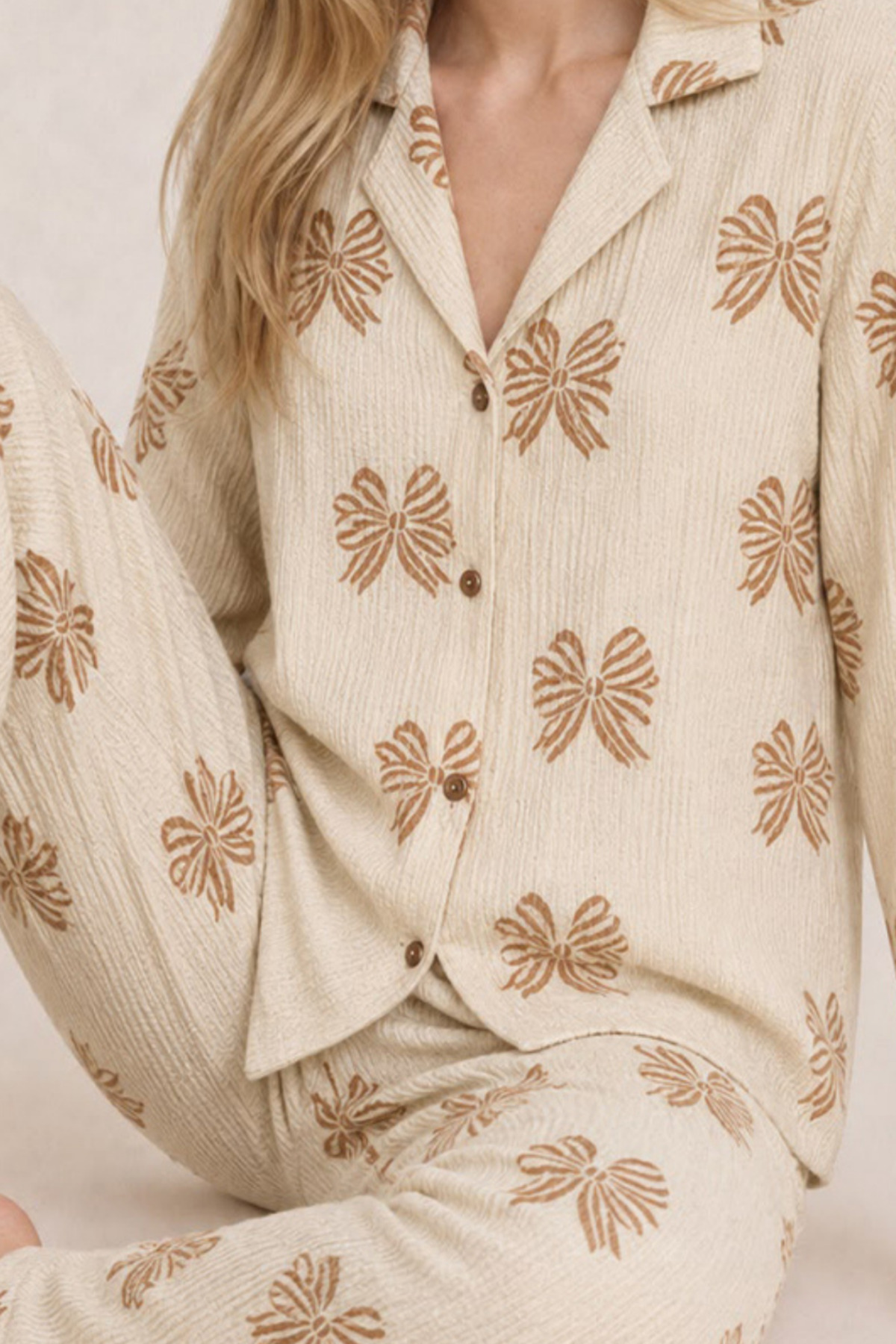 Kadın Uzun Kol Rahat Krem Pijama Takımı 4759 5