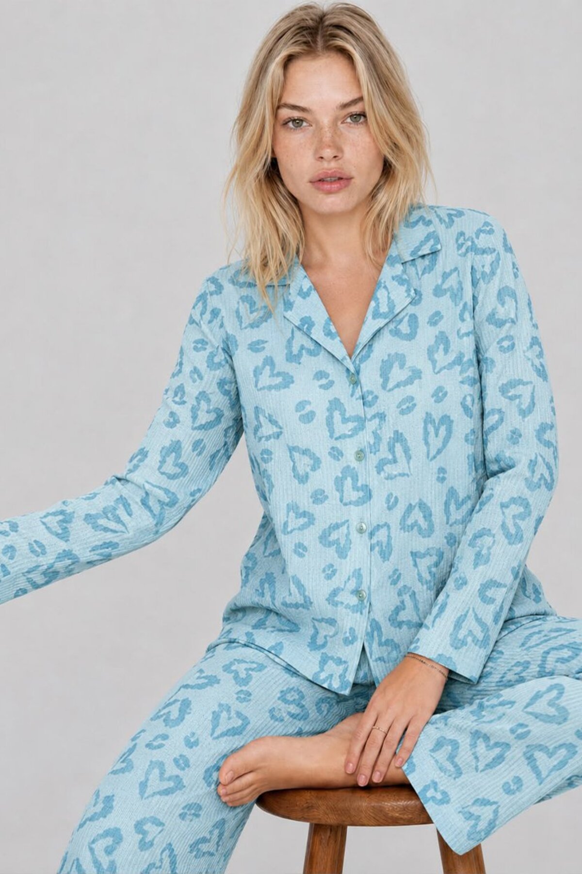Kadın Uzun Kol Rahat Mavi Pijama Takımı 4761 3