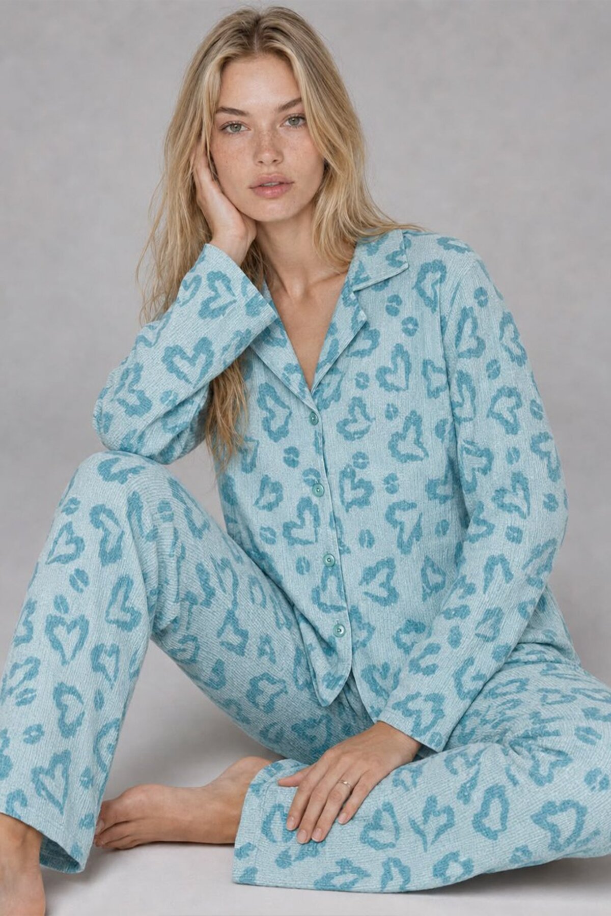 Kadın Uzun Kol Rahat Mavi Pijama Takımı 4761 5