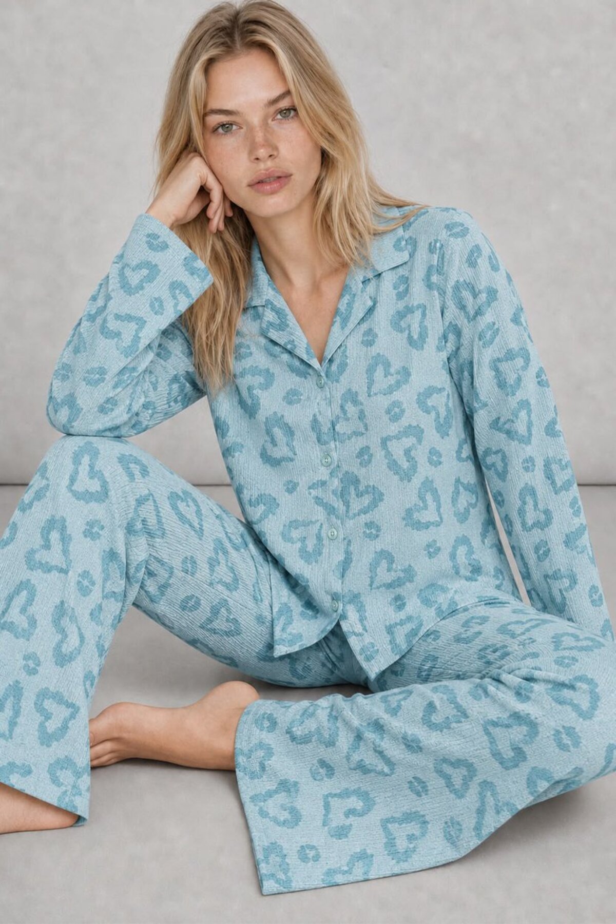 Kadın Uzun Kol Rahat Mavi Pijama Takımı 4761 4