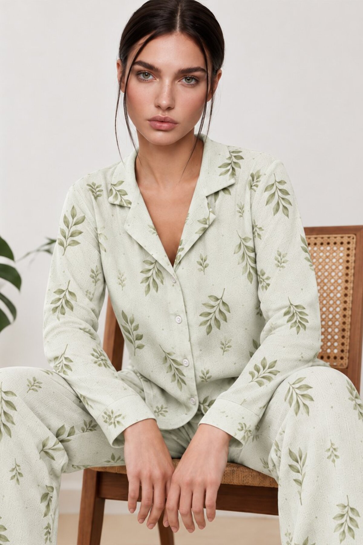 Kadın Uzun Kol Rahat Yeşil Pijama Takımı 4767 4
