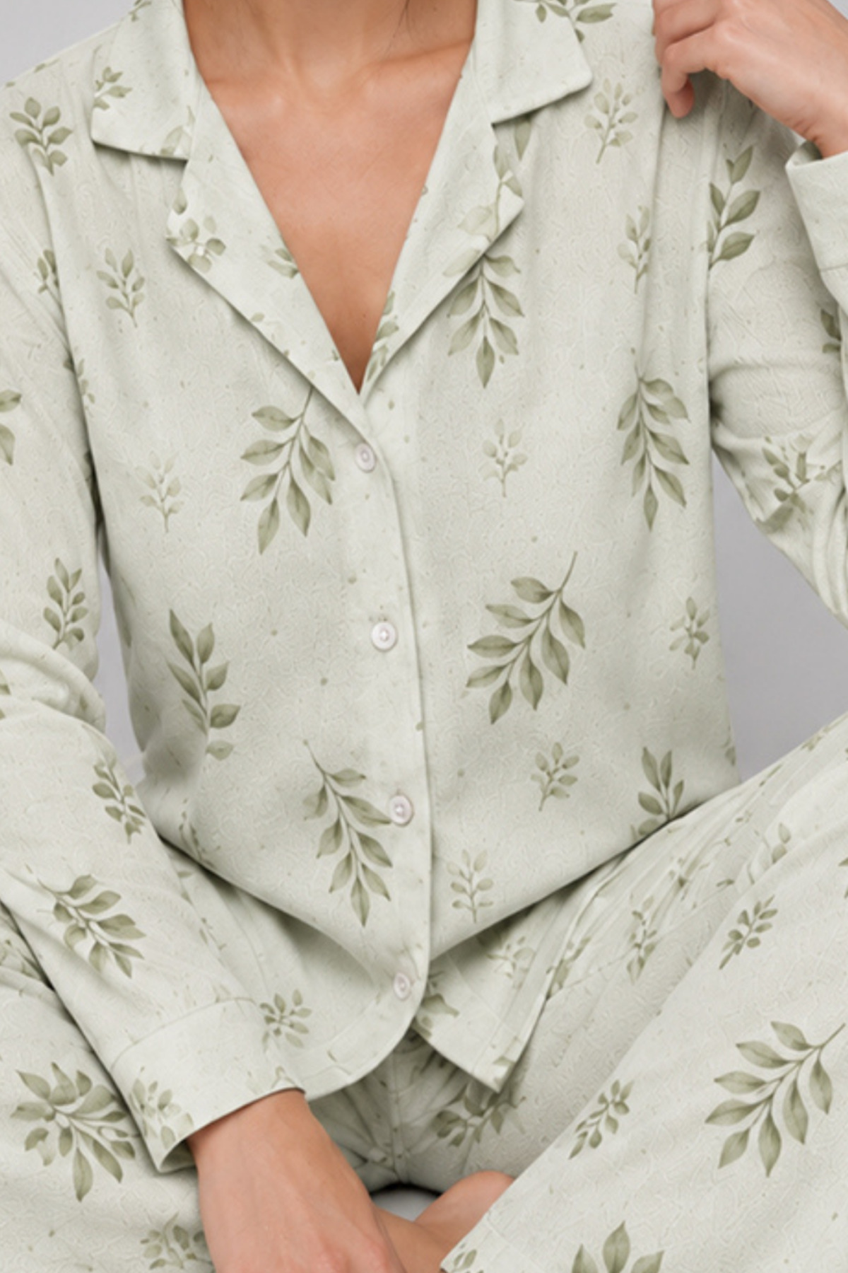 Kadın Uzun Kol Rahat Yeşil Pijama Takımı 4767 5