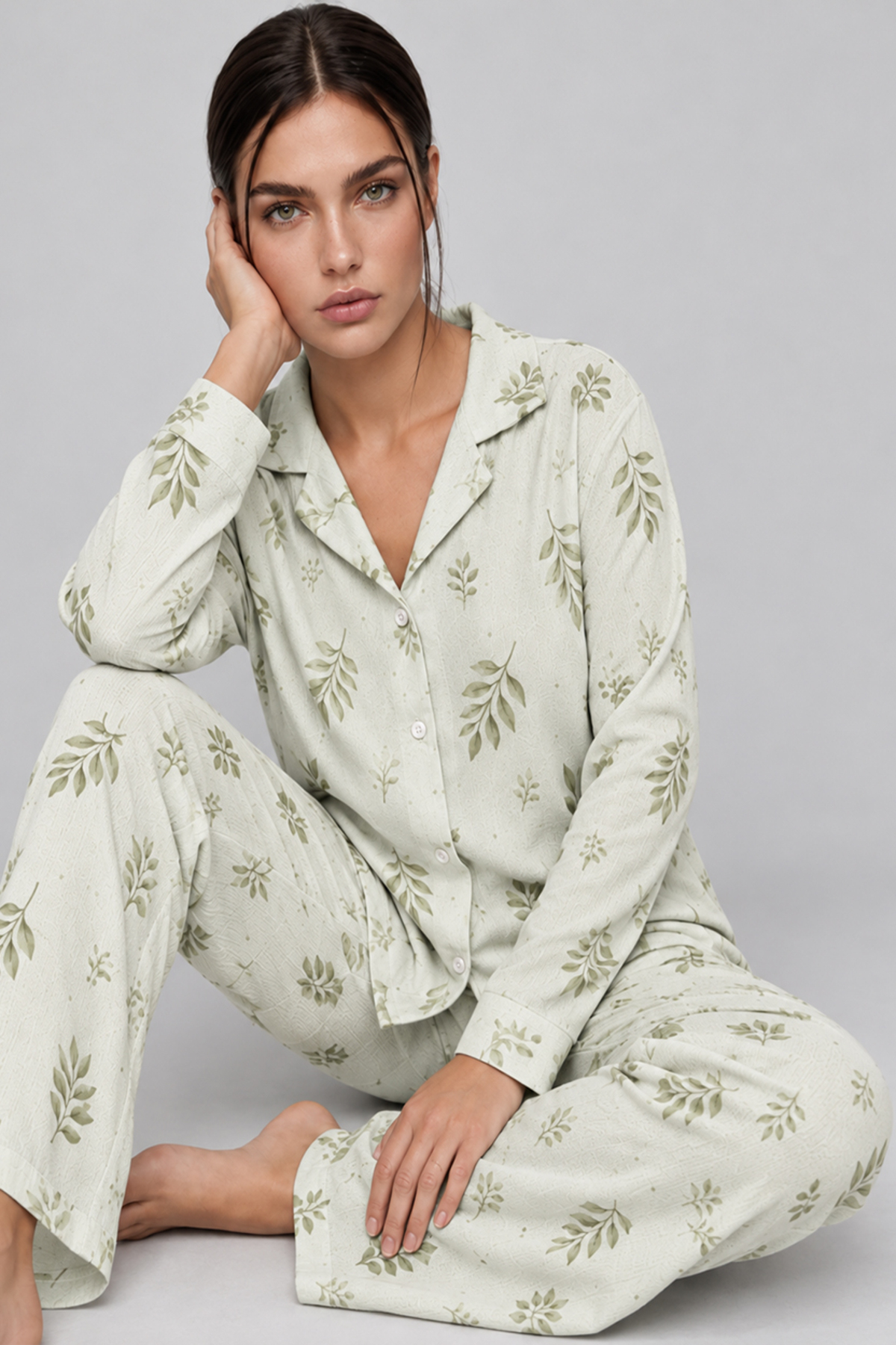 Kadın Uzun Kol Rahat Yeşil Pijama Takımı 4767 3