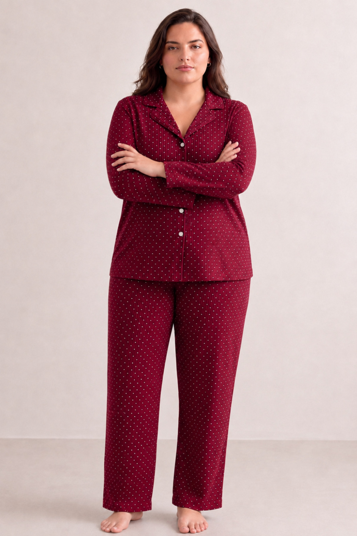 Kadın Rahat Puantiyeli Düğmeli Kırmızı Pijama Takımı 824 3