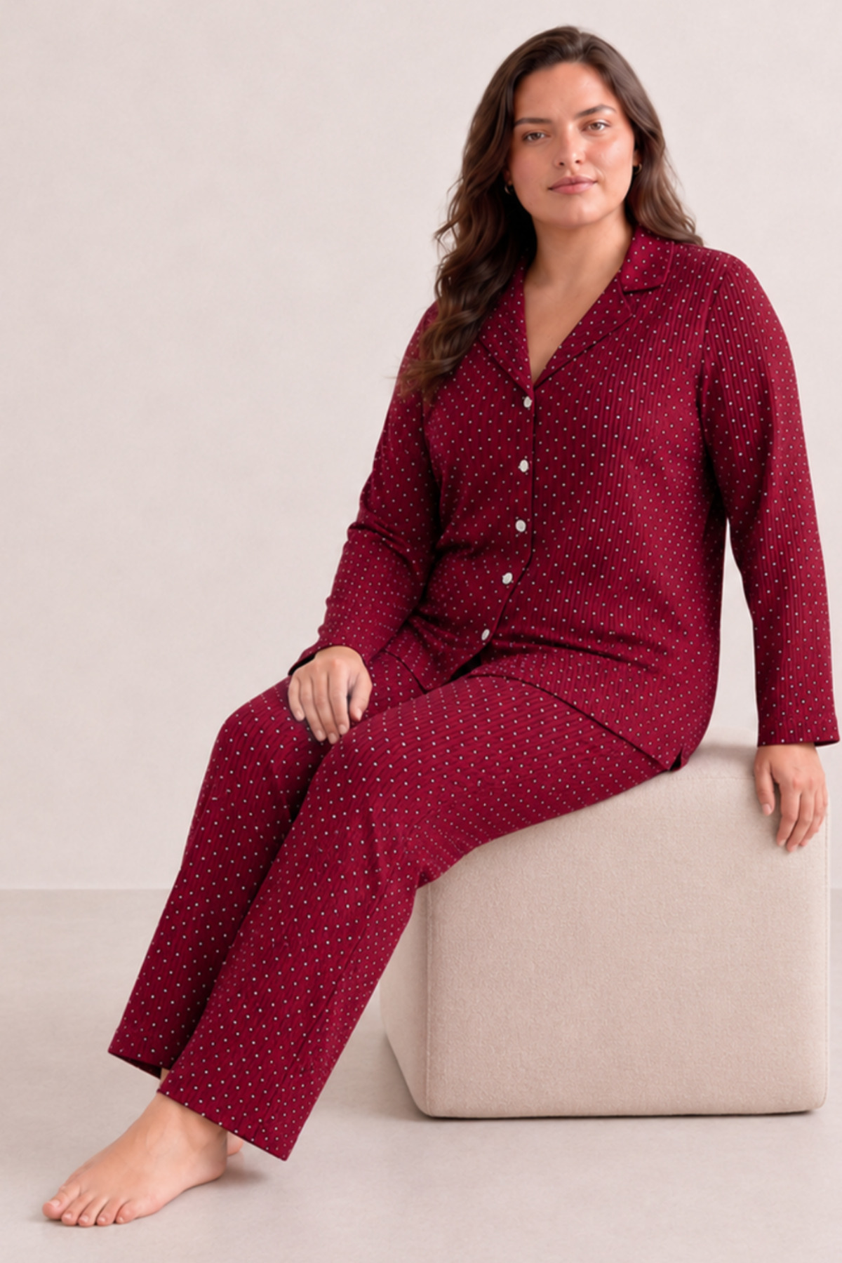 Kadın Rahat Puantiyeli Düğmeli Kırmızı Pijama Takımı 824 5