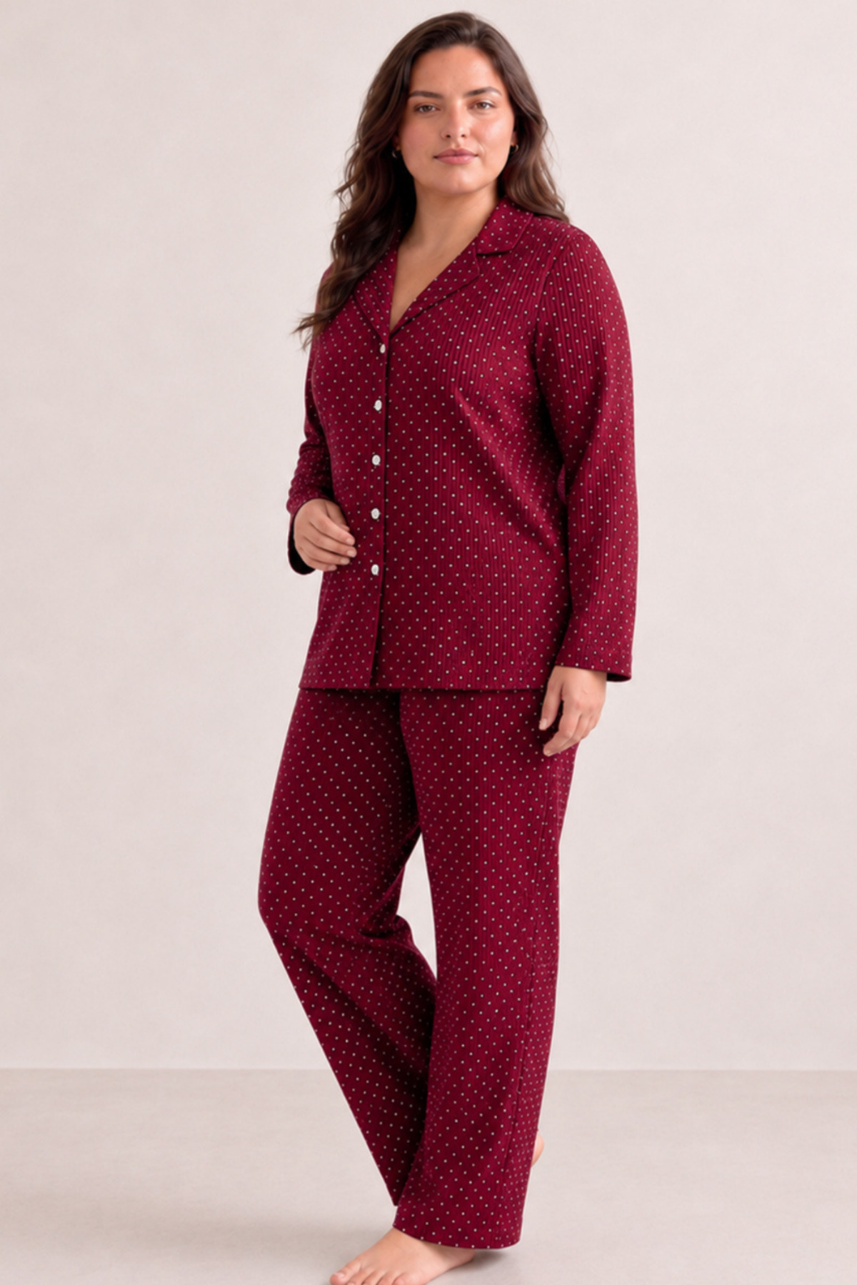 Kadın Rahat Puantiyeli Düğmeli Kırmızı Pijama Takımı 824 6