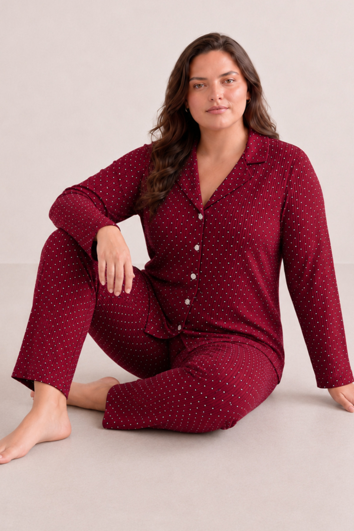 Kadın Rahat Puantiyeli Düğmeli Kırmızı Pijama Takımı 824 4