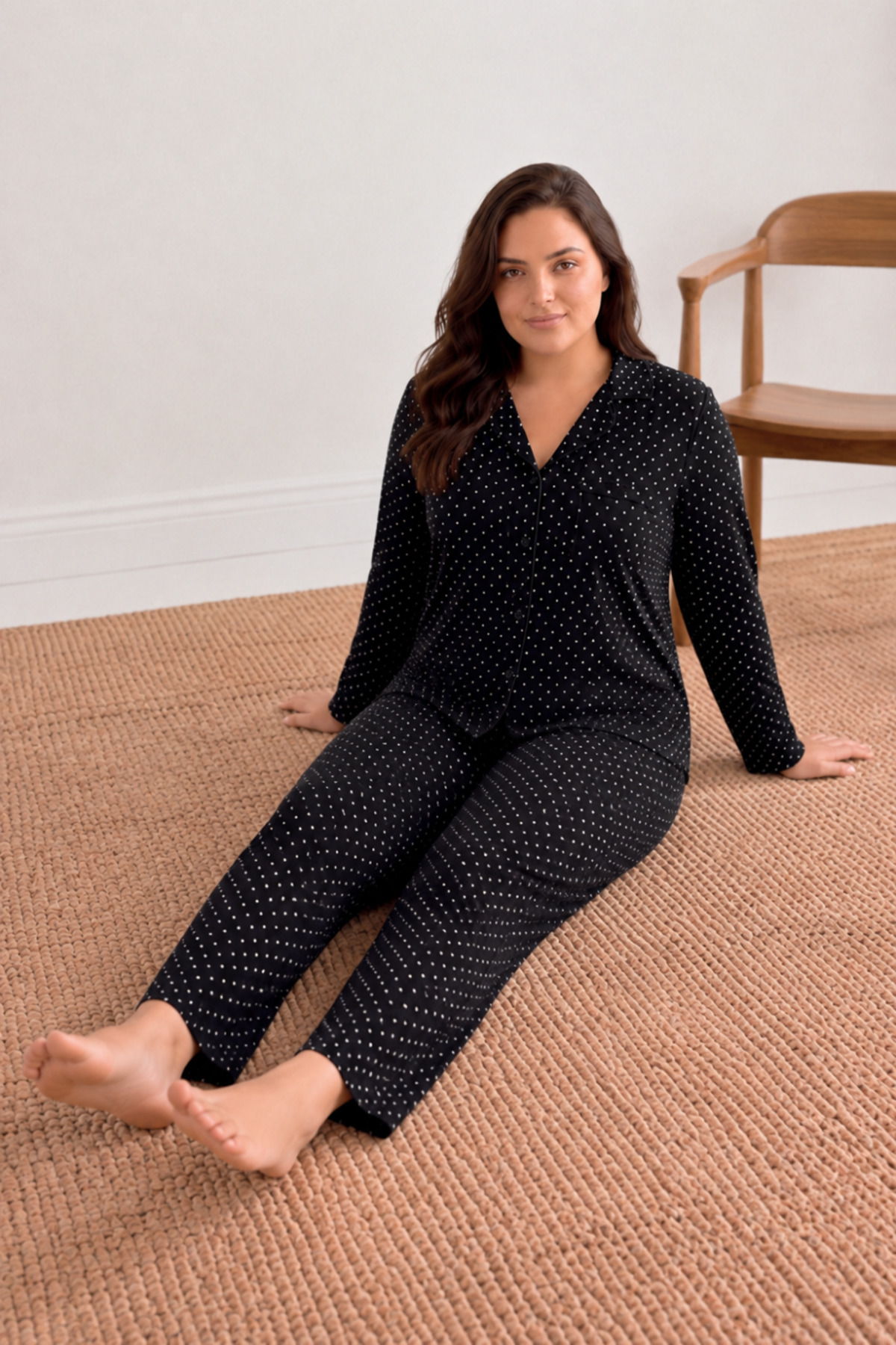 Kadın Puantiyeli Düğmeli Siyah Pijama Takımı 852 3