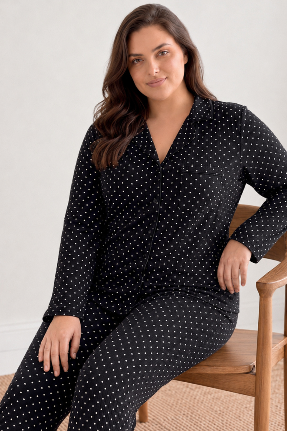 Kadın Puantiyeli Düğmeli Siyah Pijama Takımı 852 6