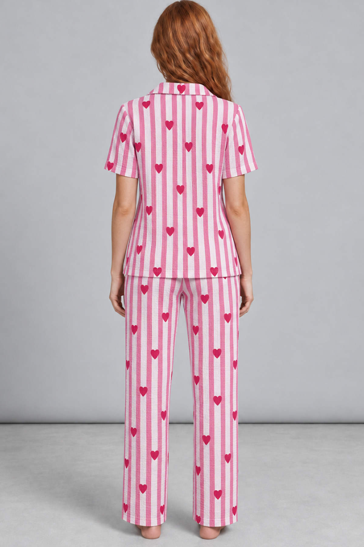 Kadın Rahat Kalıp Gömlek Yaka Pembe Kalpli Pijama Takımı 4769 3