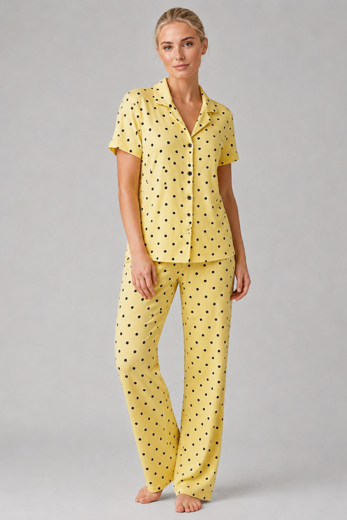Sarı Puantiyeli Düğmeli Pijama Takımı 4642-Sarı 3