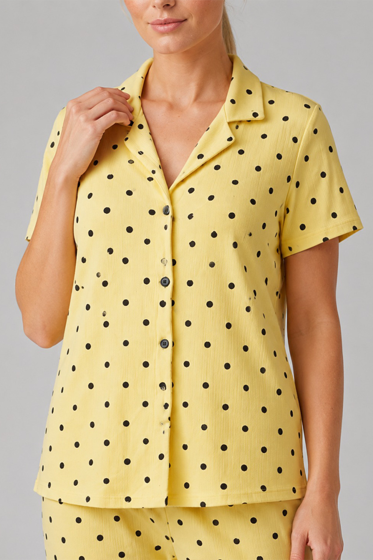Sarı Puantiyeli Düğmeli Pijama Takımı 4642-Sarı 6