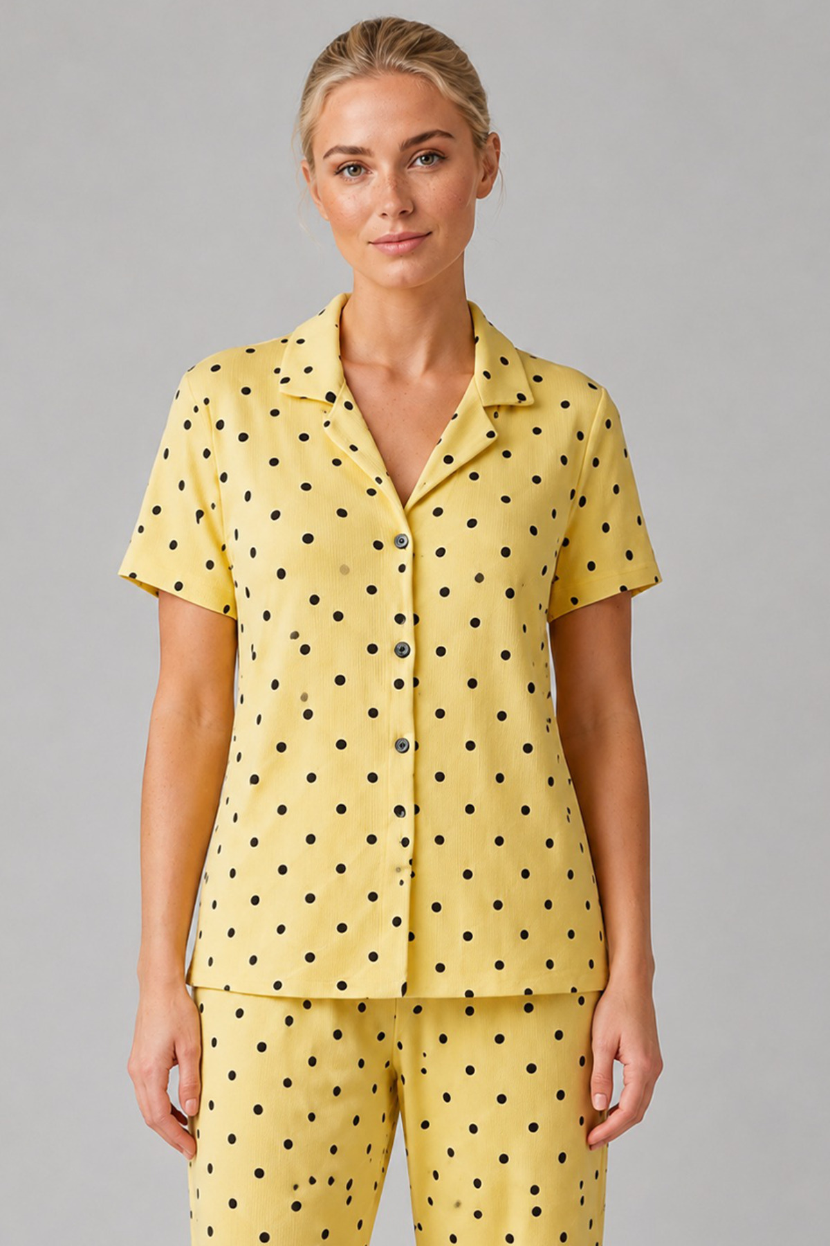 Sarı Puantiyeli Düğmeli Pijama Takımı 4642-Sarı 4