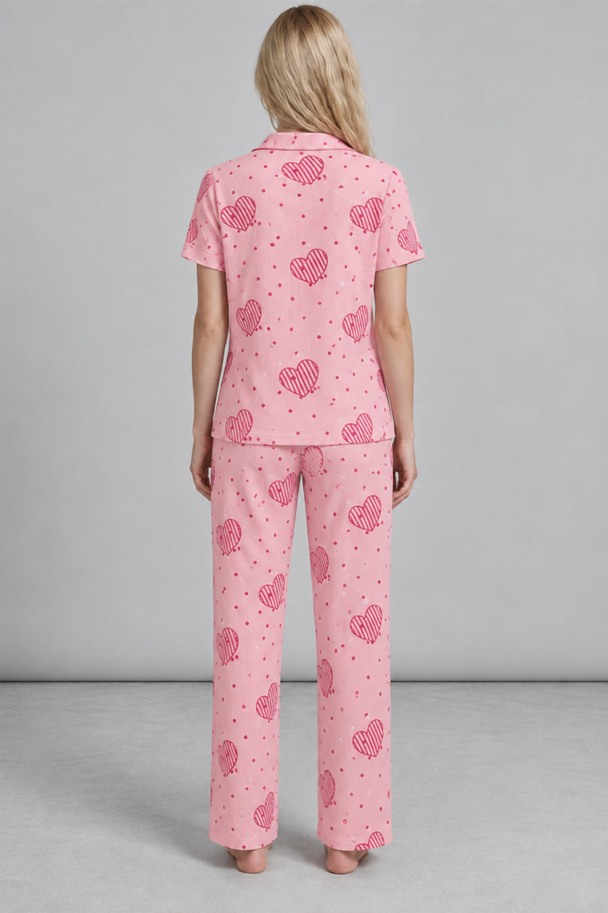 Pembe Kalp Ve Ekose Desenli Pijama Takımı 4640-Pembe 5