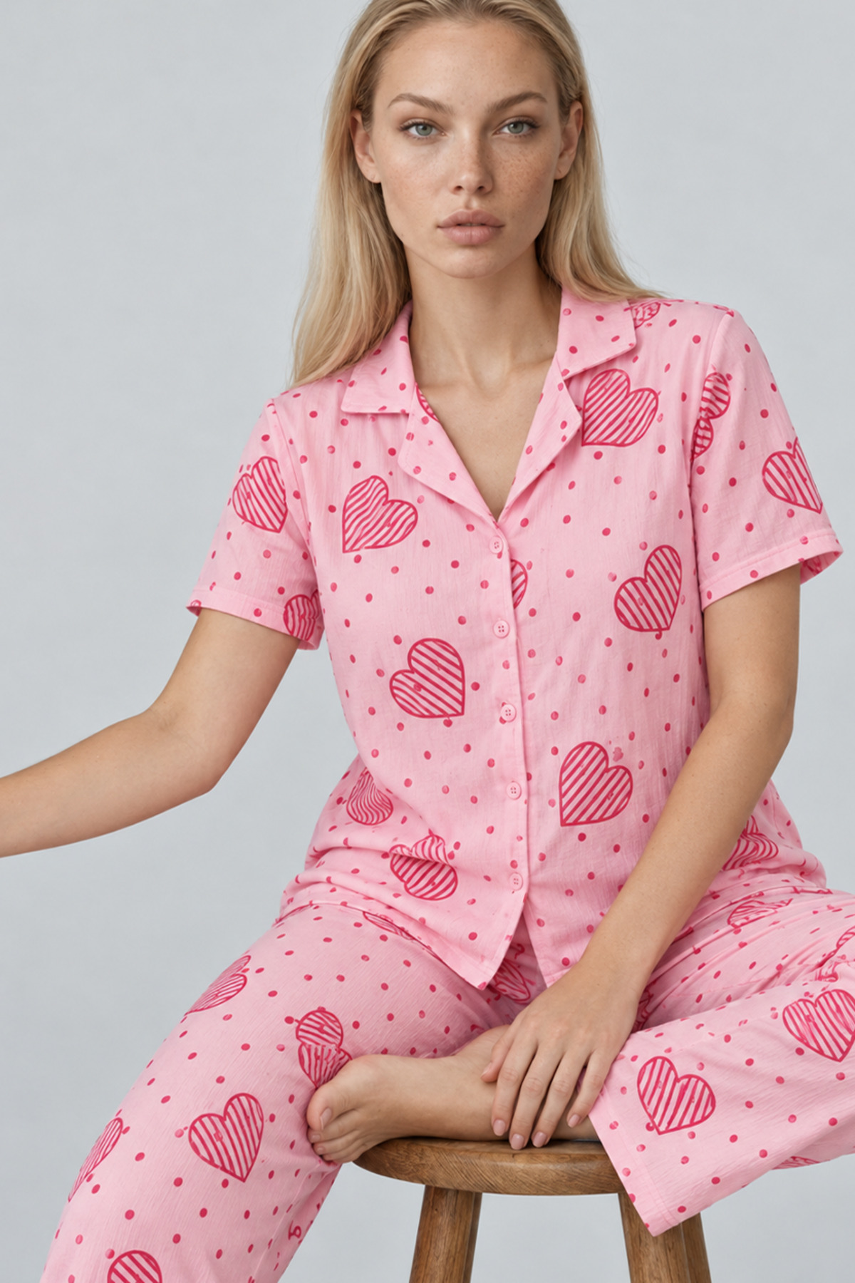 Pembe Kalp Ve Ekose Desenli Pijama Takımı 4640-Pembe 3