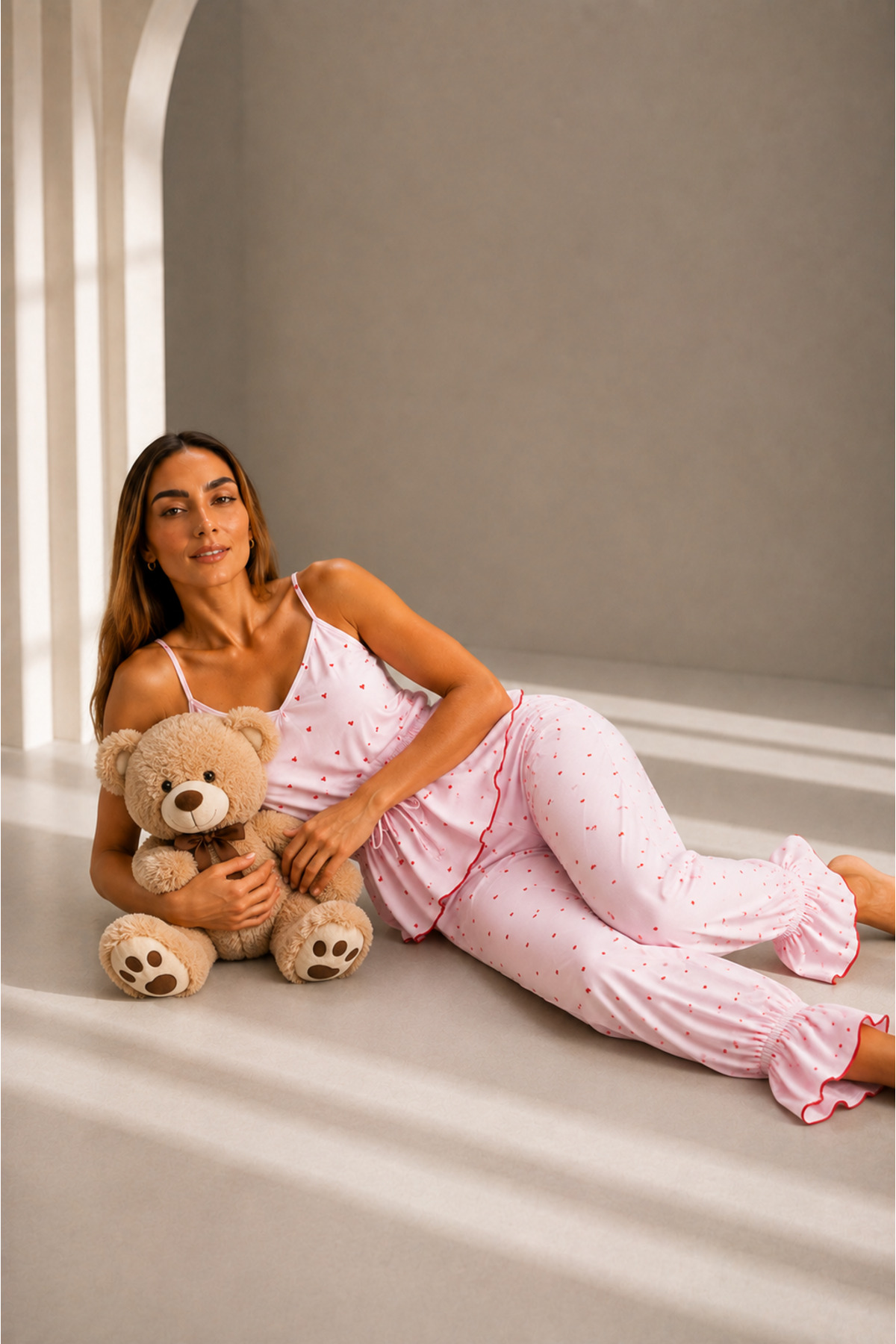 Kadın Viskoz Ayarlanabilir Bel Pembe Pijama Takımı 6
