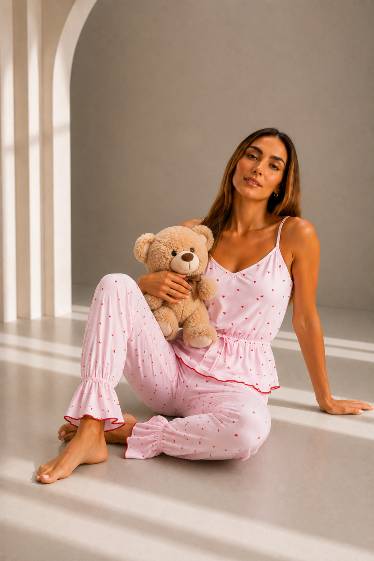Kadın Viskoz Ayarlanabilir Bel Pembe Pijama Takımı 4