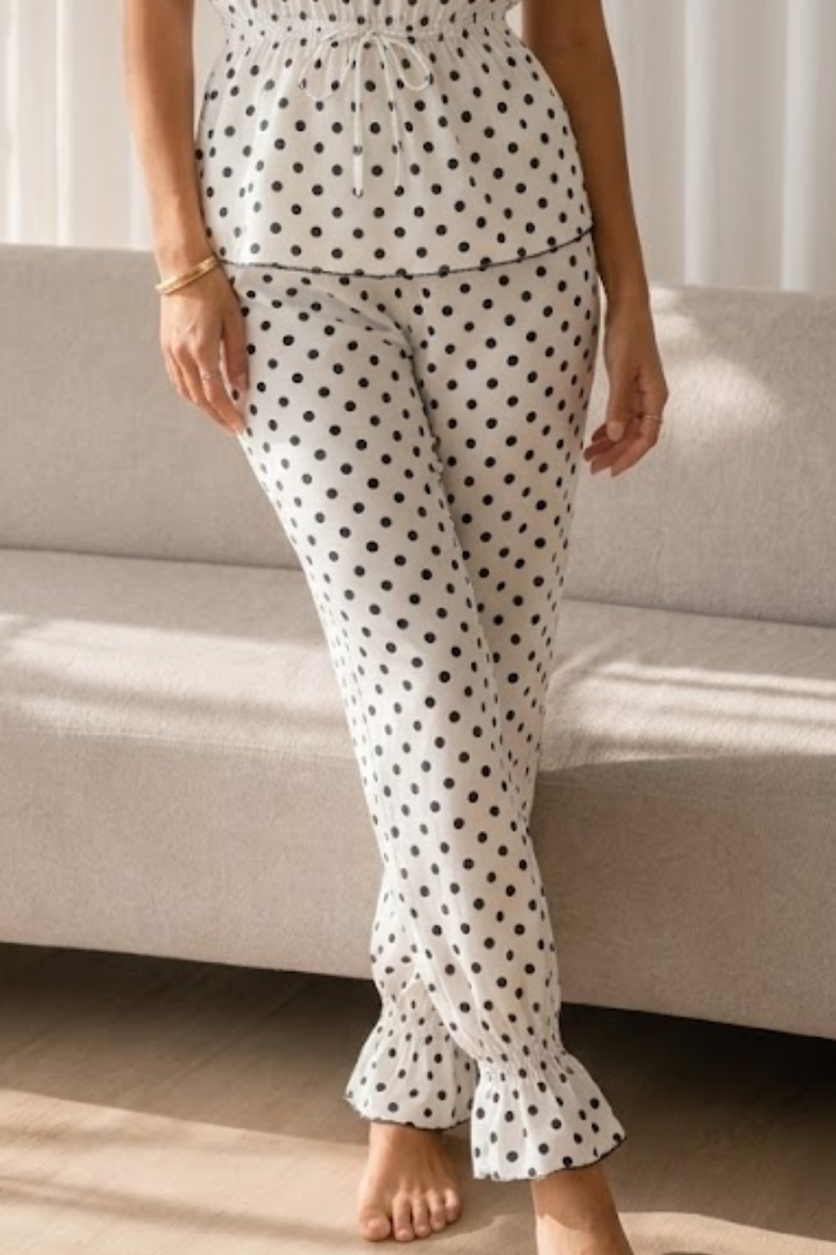 Kadın Baskılı Bağcıklı 2 Parça Beyaz Pijama Takımı 4