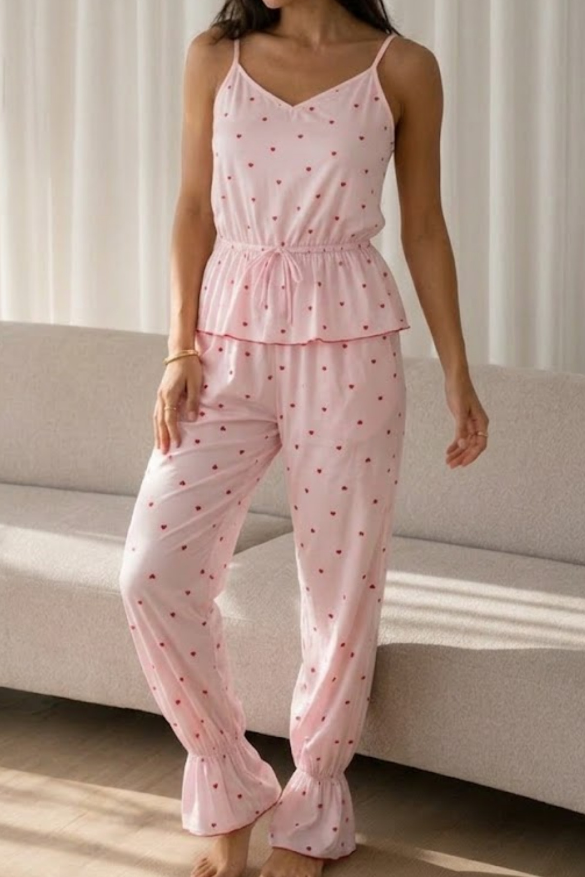 Kadın Baskılı Bağcıklı 2 Parça Pembe Pijama Takımı 6