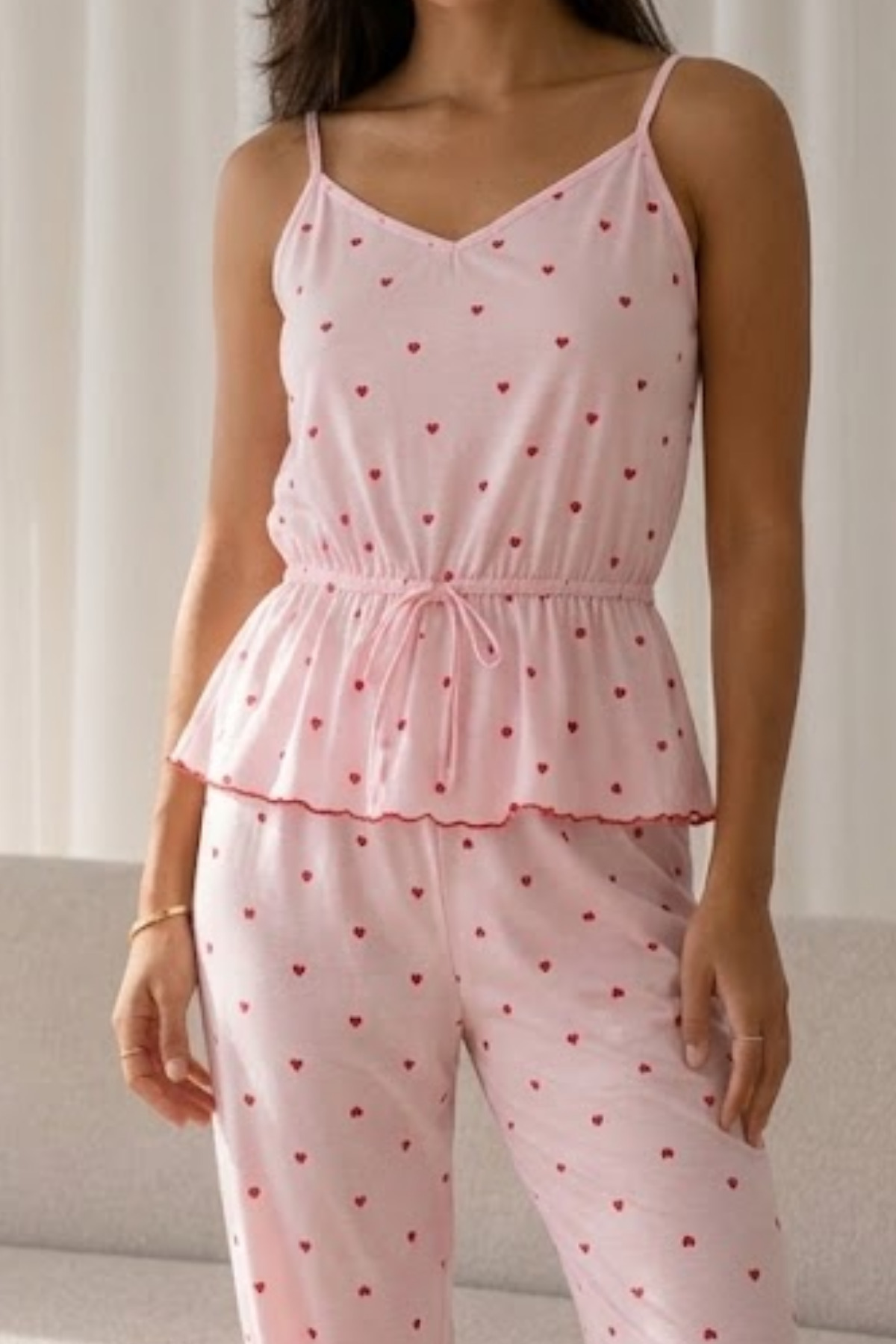 Kadın Baskılı Bağcıklı 2 Parça Pembe Pijama Takımı 3