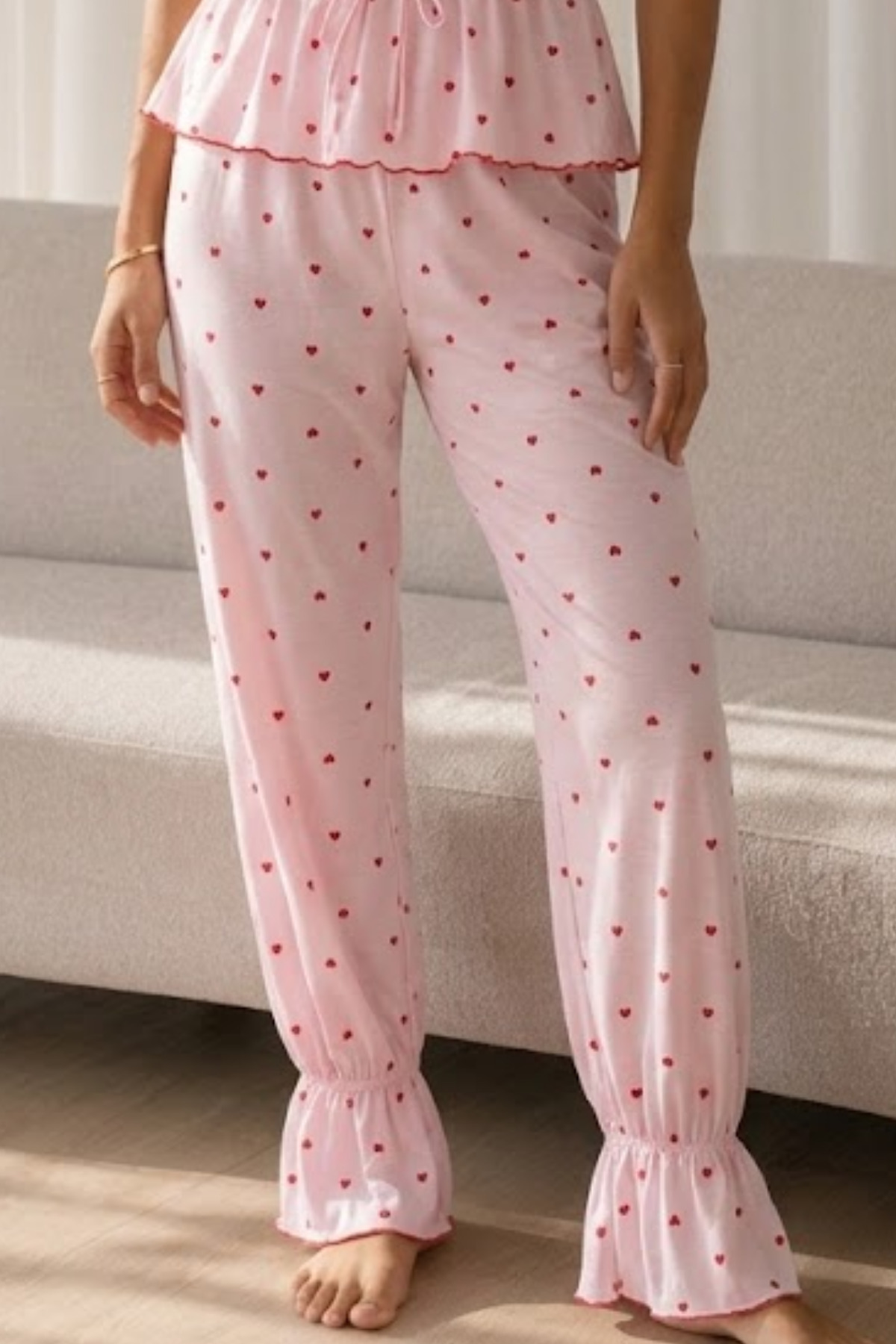 Kadın Baskılı Bağcıklı 2 Parça Pembe Pijama Takımı 4