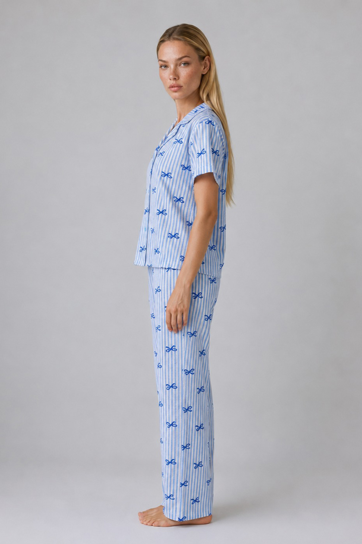 Mavi Kurdele Desenli Çizgili Bürümcük Pijama Takımı 4645-Mavi 4