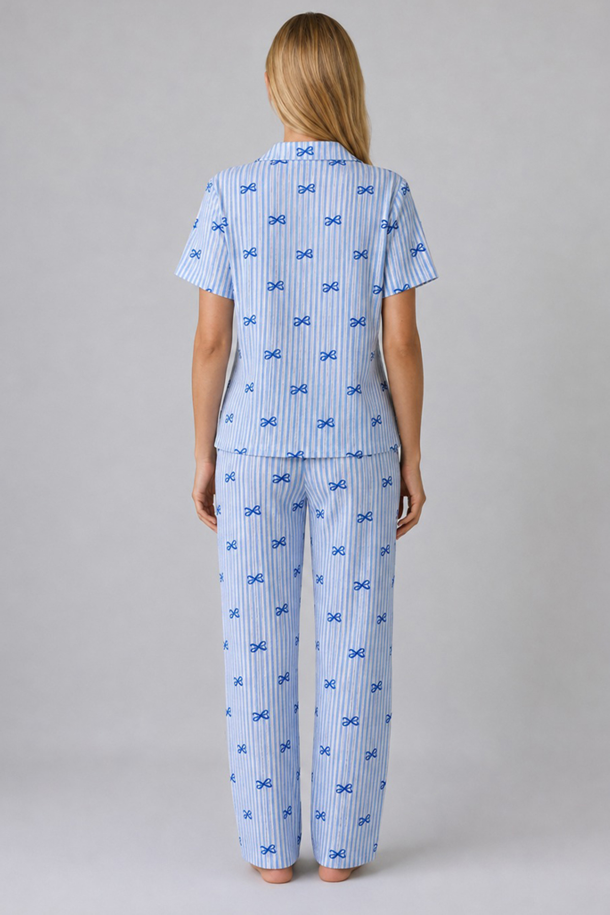 Mavi Kurdele Desenli Çizgili Bürümcük Pijama Takımı 4645-Mavi 3