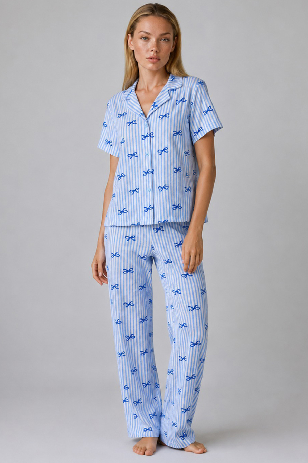 Mavi Kurdele Desenli Çizgili Bürümcük Pijama Takımı 4645-Mavi 6