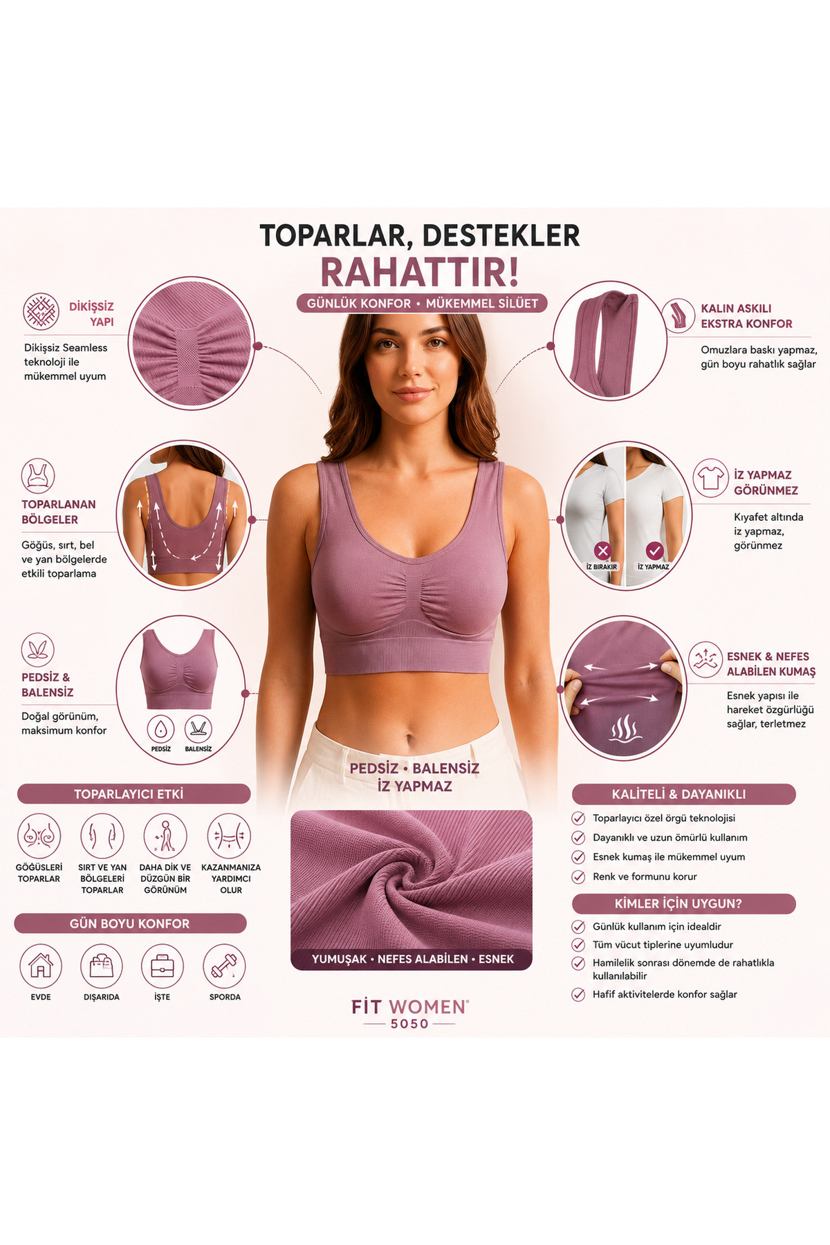 Göğüs Toparlayıcı Dikişsiz Seamless Büstiyer Korse – Kalın Askılı Pedsiz Balensiz Toparlayıcı Sütyen 5050 Gül Kurusu 5