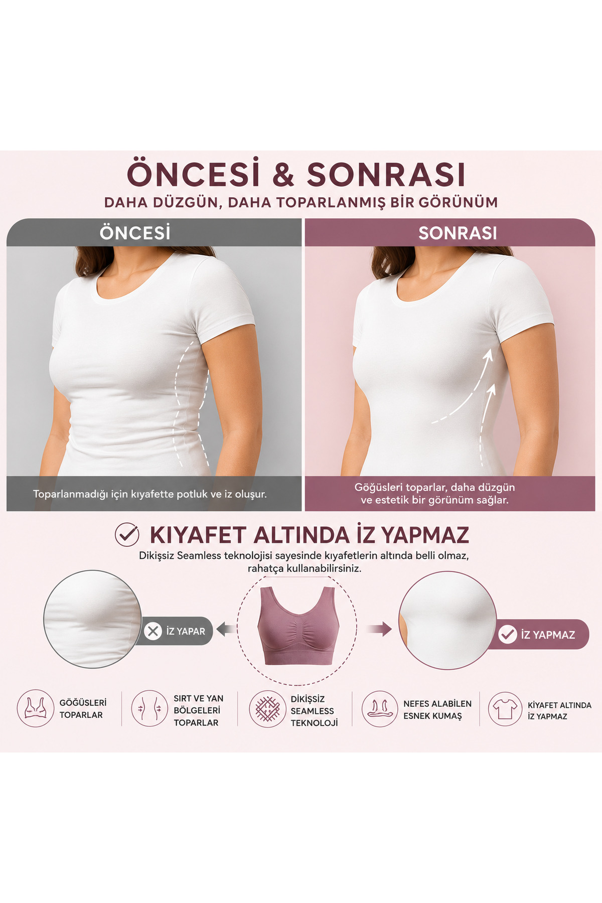 Göğüs Toparlayıcı Dikişsiz Seamless Büstiyer Korse – Kalın Askılı Pedsiz Balensiz Toparlayıcı Sütyen 5050 Gül Kurusu 6
