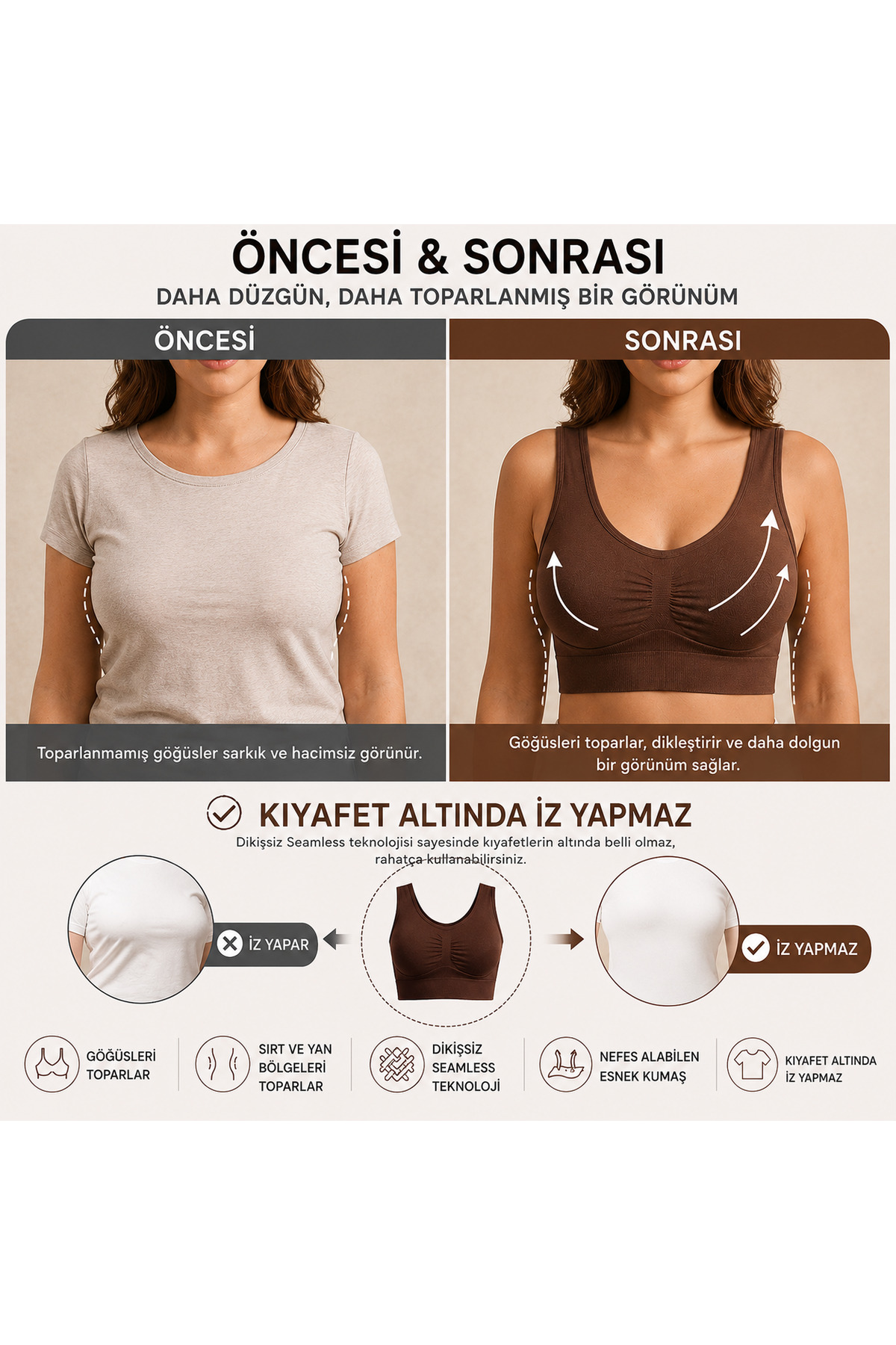 Göğüs Toparlayıcı Dikişsiz Seamless Büstiyer Korse – Kalın Askılı Pedsiz Balensiz Toparlayıcı Sütyen 5050 Kahverengi 5