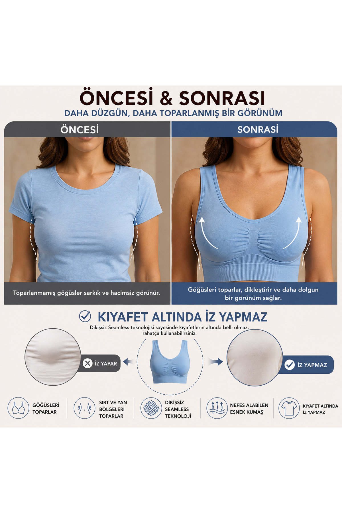Göğüs Toparlayıcı Dikişsiz Seamless Büstiyer Korse – Kalın Askılı Pedsiz Balensiz Toparlayıcı Sütyen 5050 Mavi 6